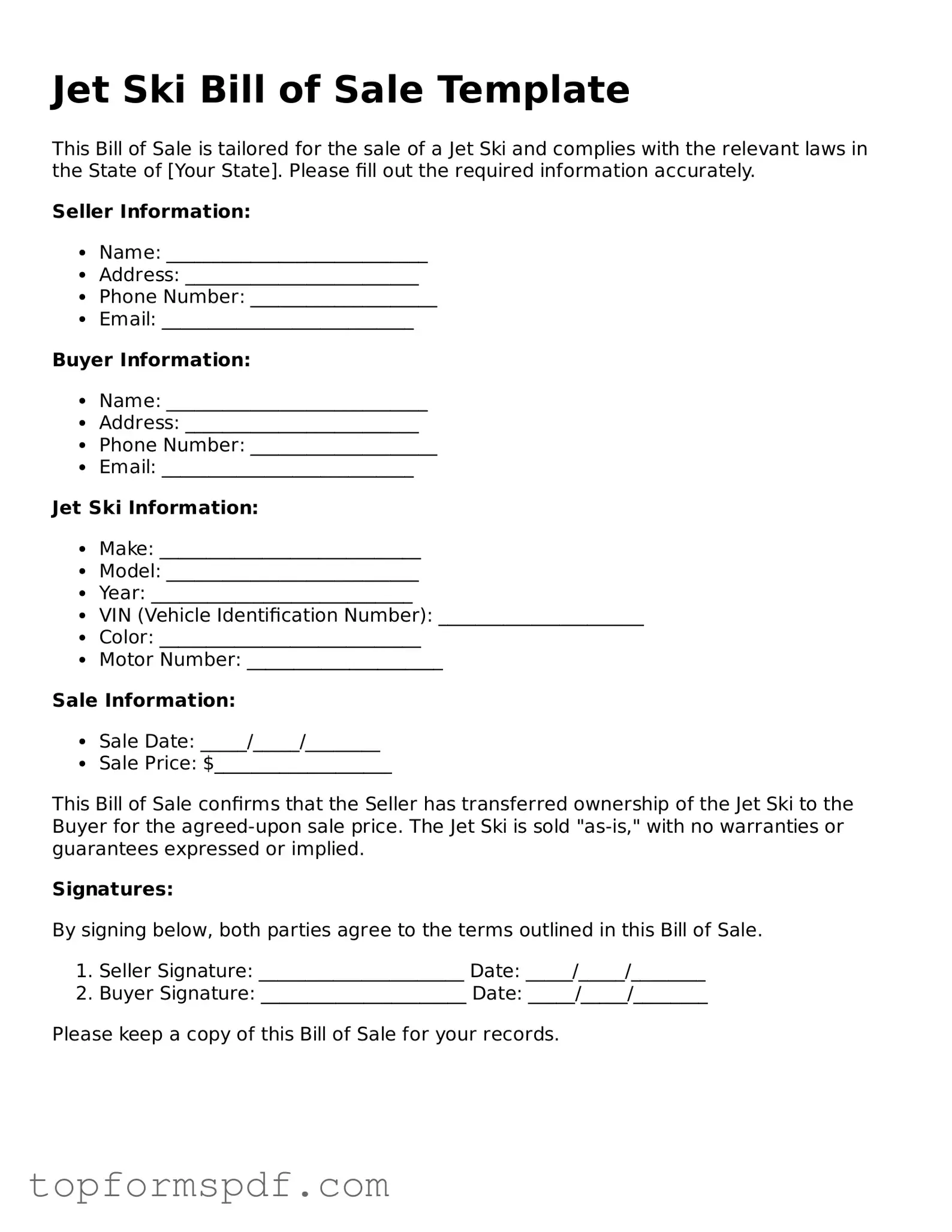 Legal Jet Ski Bill of Sale Form