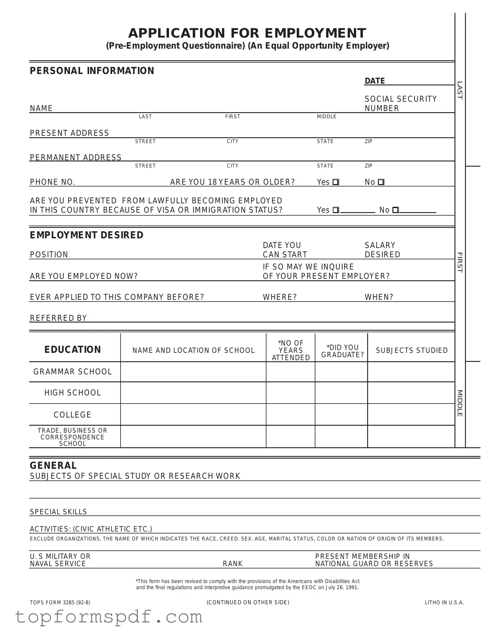 Employment Application Pdf Template