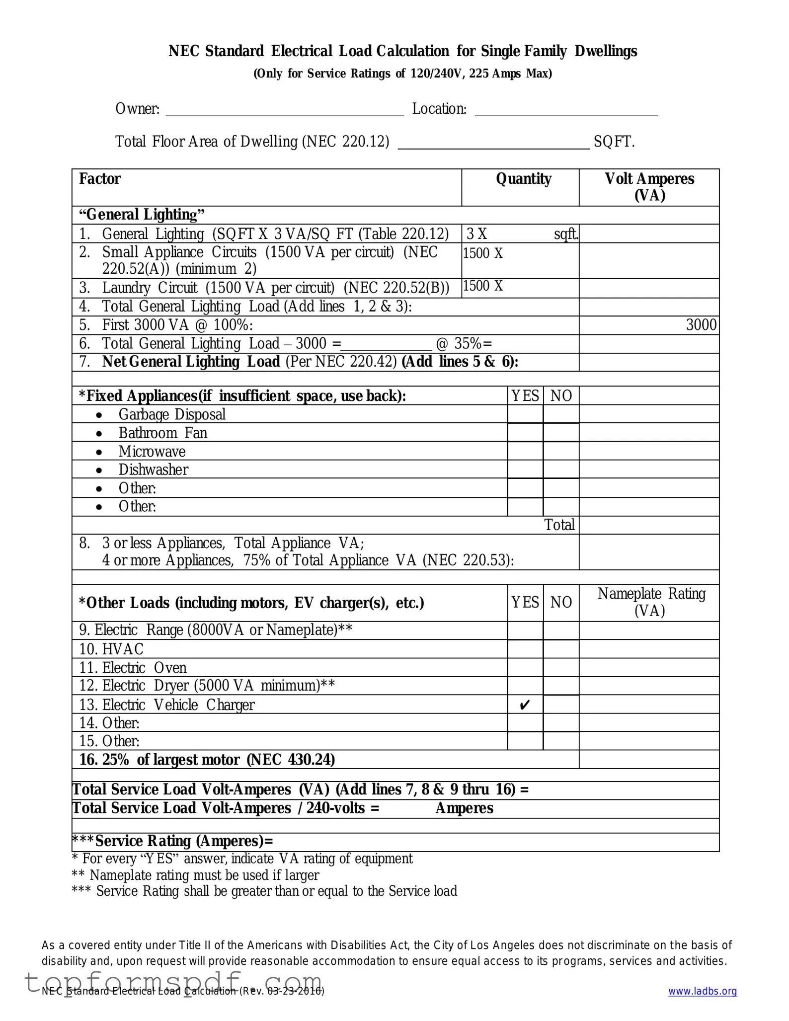 LADBS NEC Standard Electrical Load Calculation Template