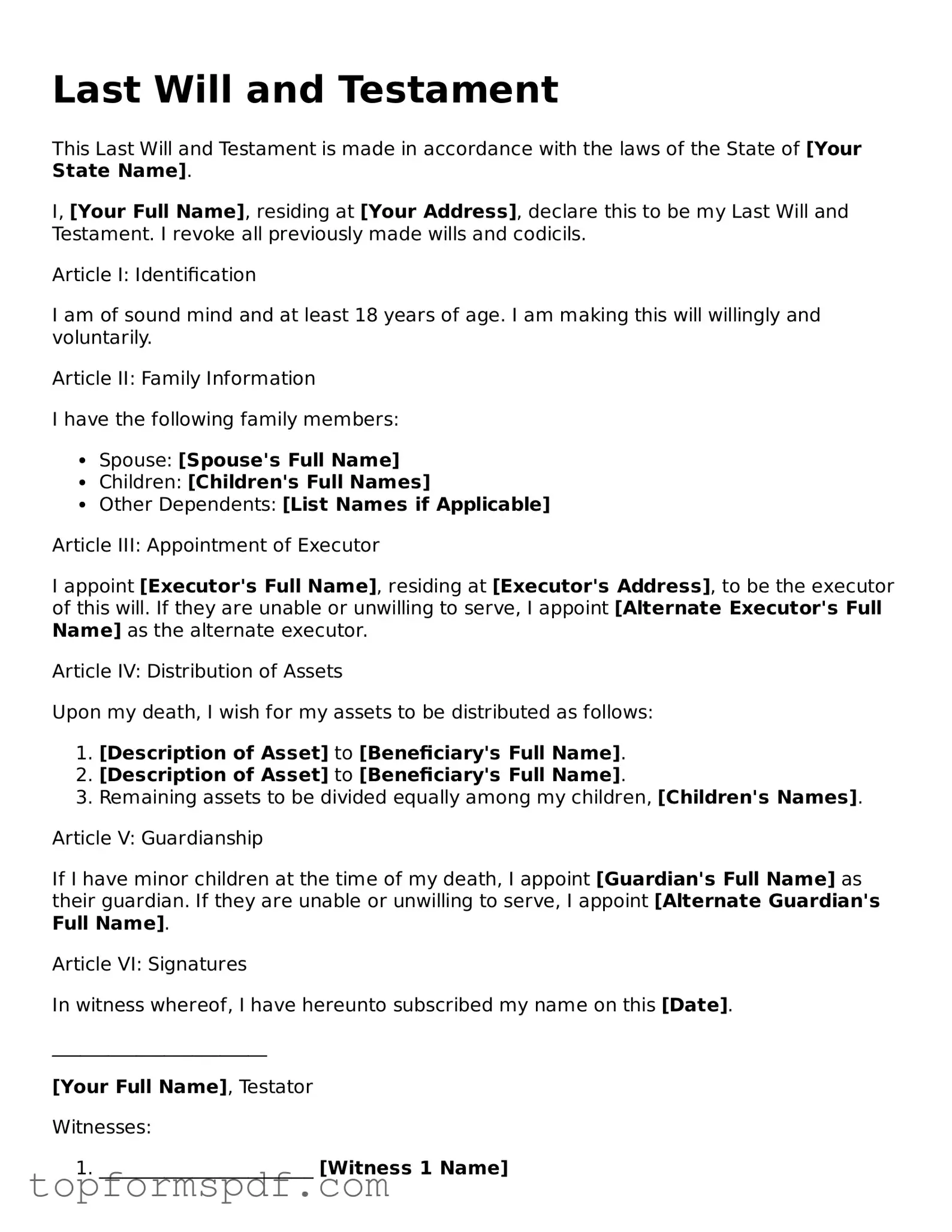Legal Last Will and Testament Form