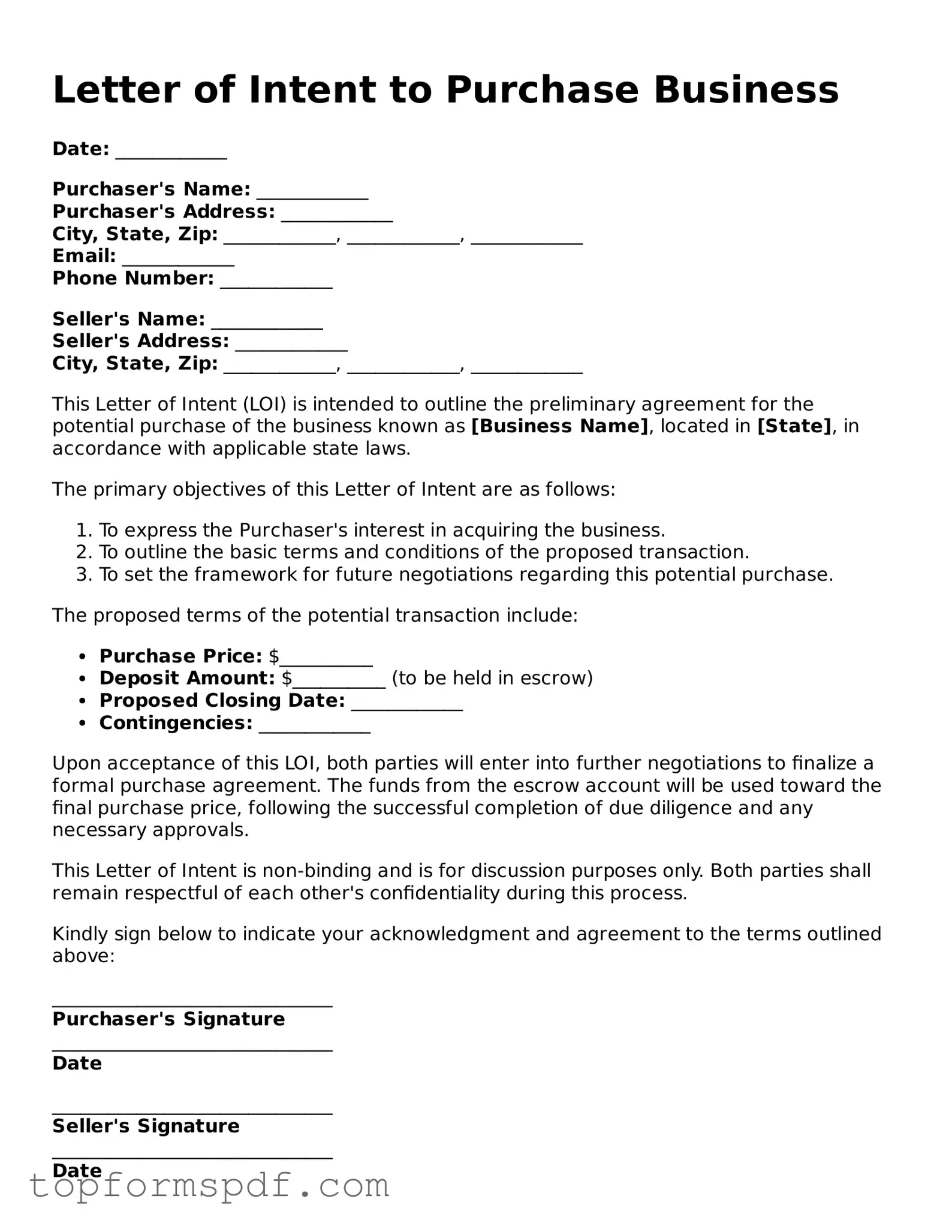 Legal Letter of Intent to Purchase Business Form