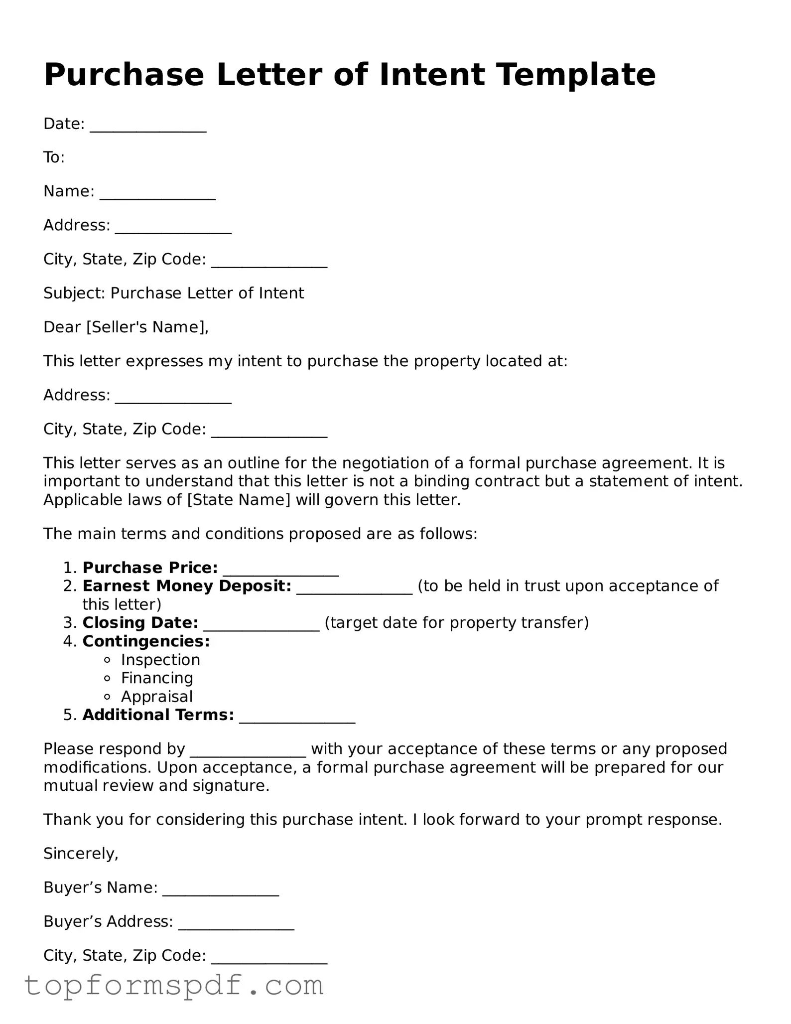Legal Purchase Letter of Intent Form