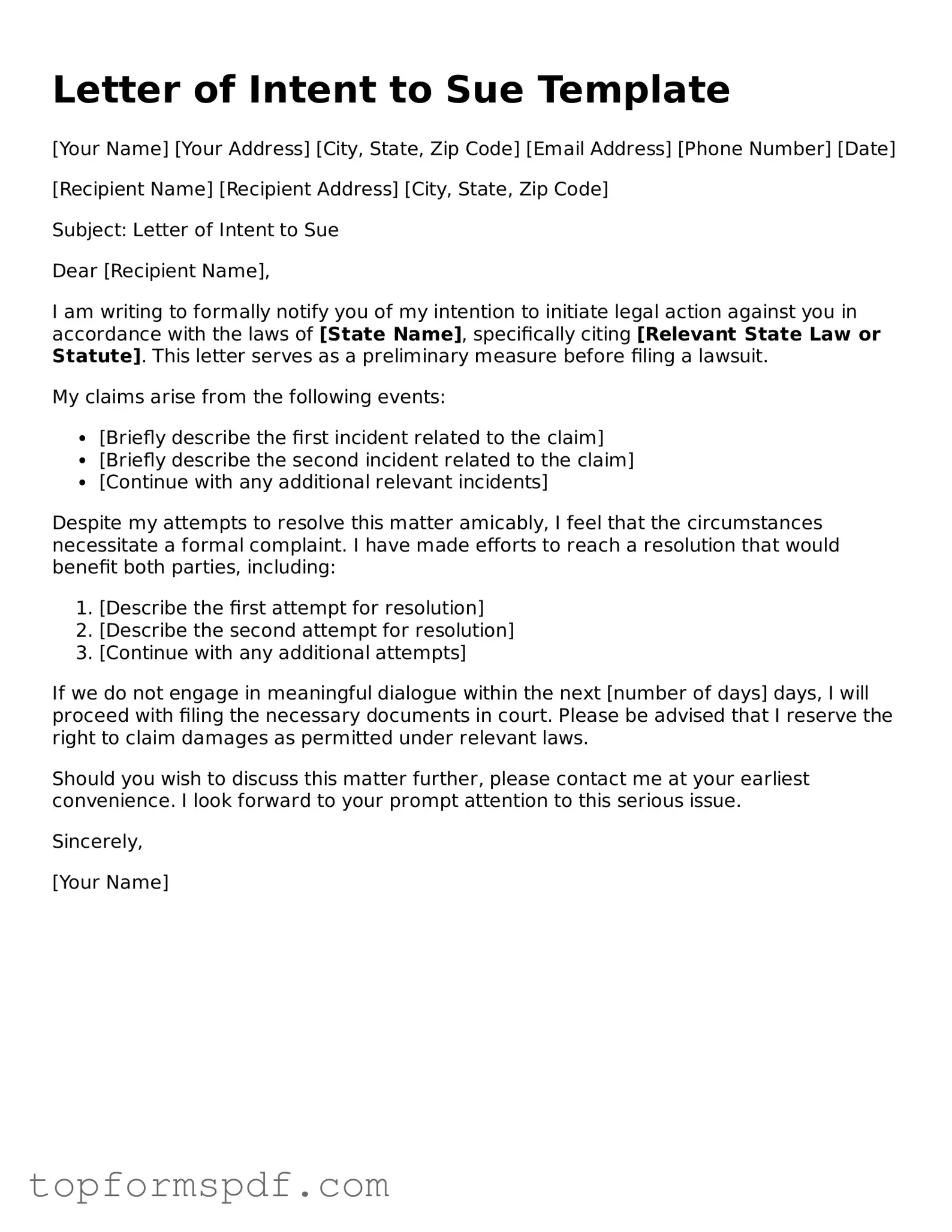 Legal Letter of Intent to Sue Form
