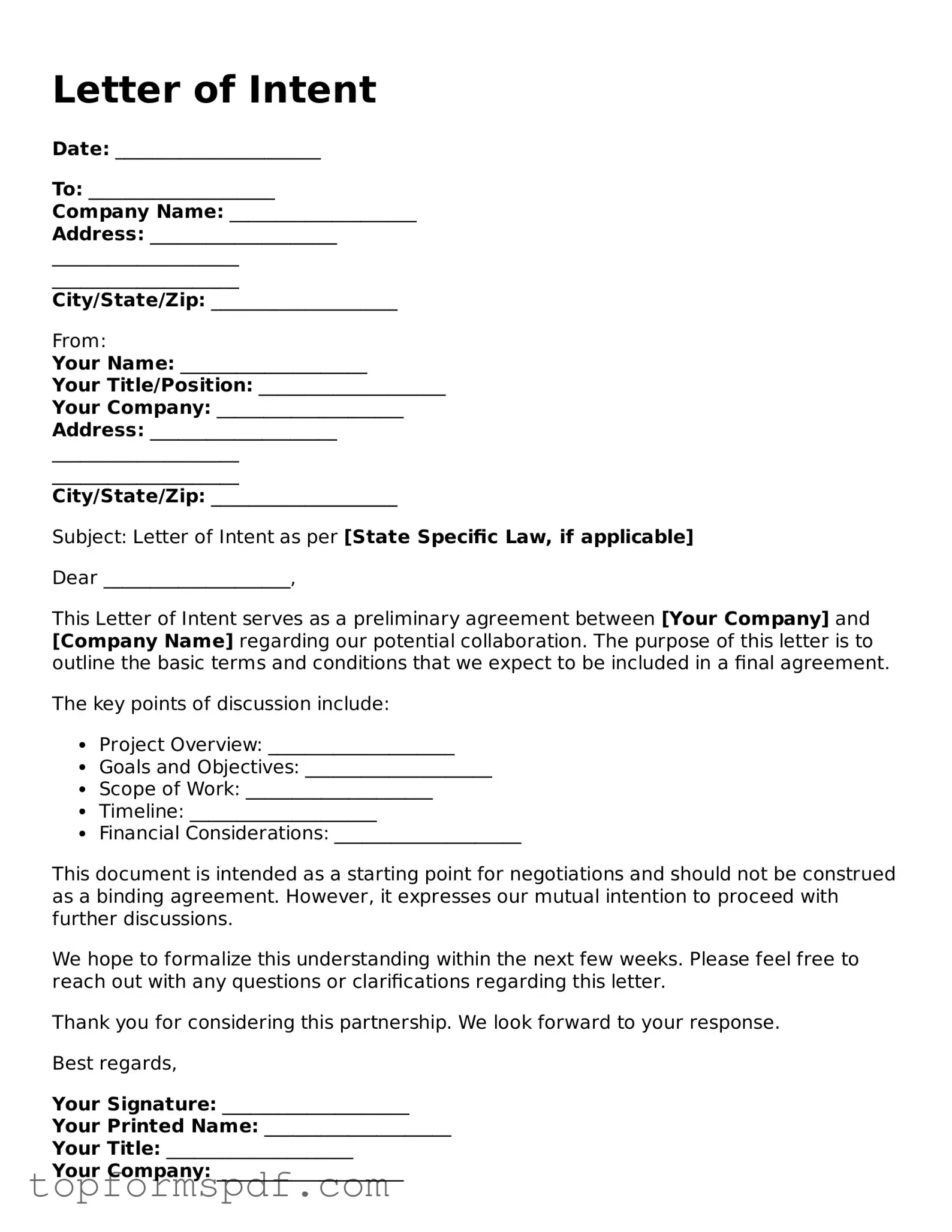 Legal Letter of Intent Form