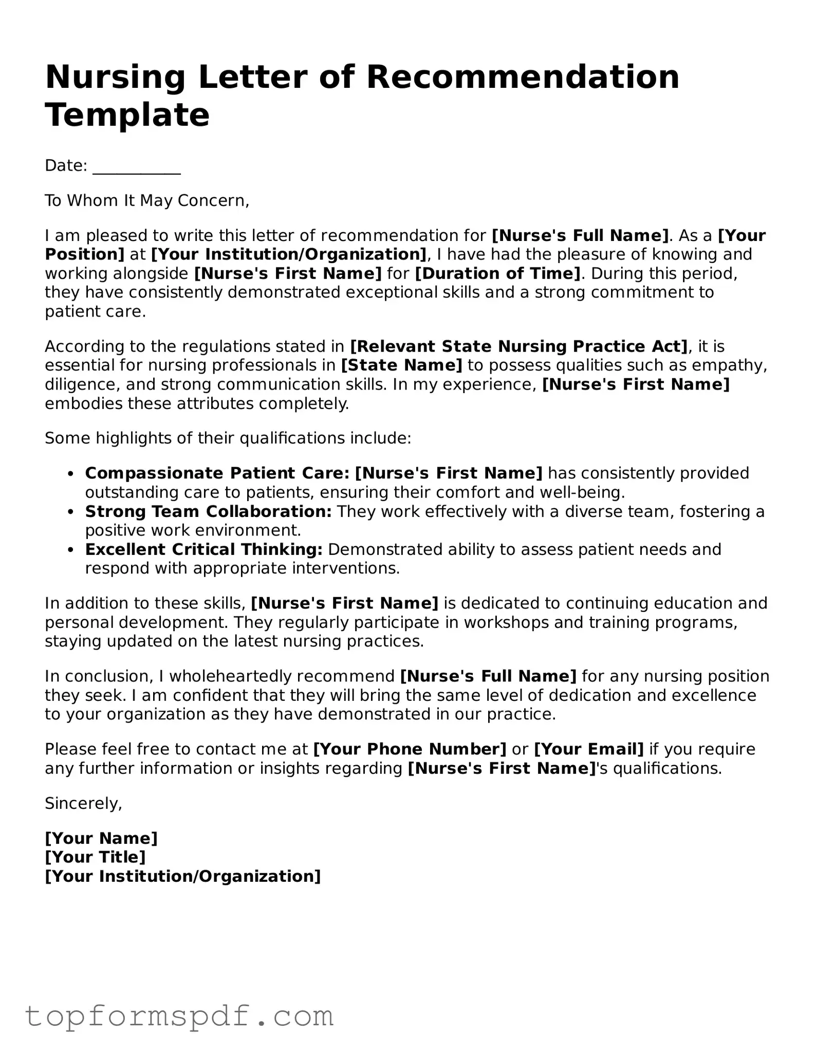 Legal Nursing Letter of Recommendation Form