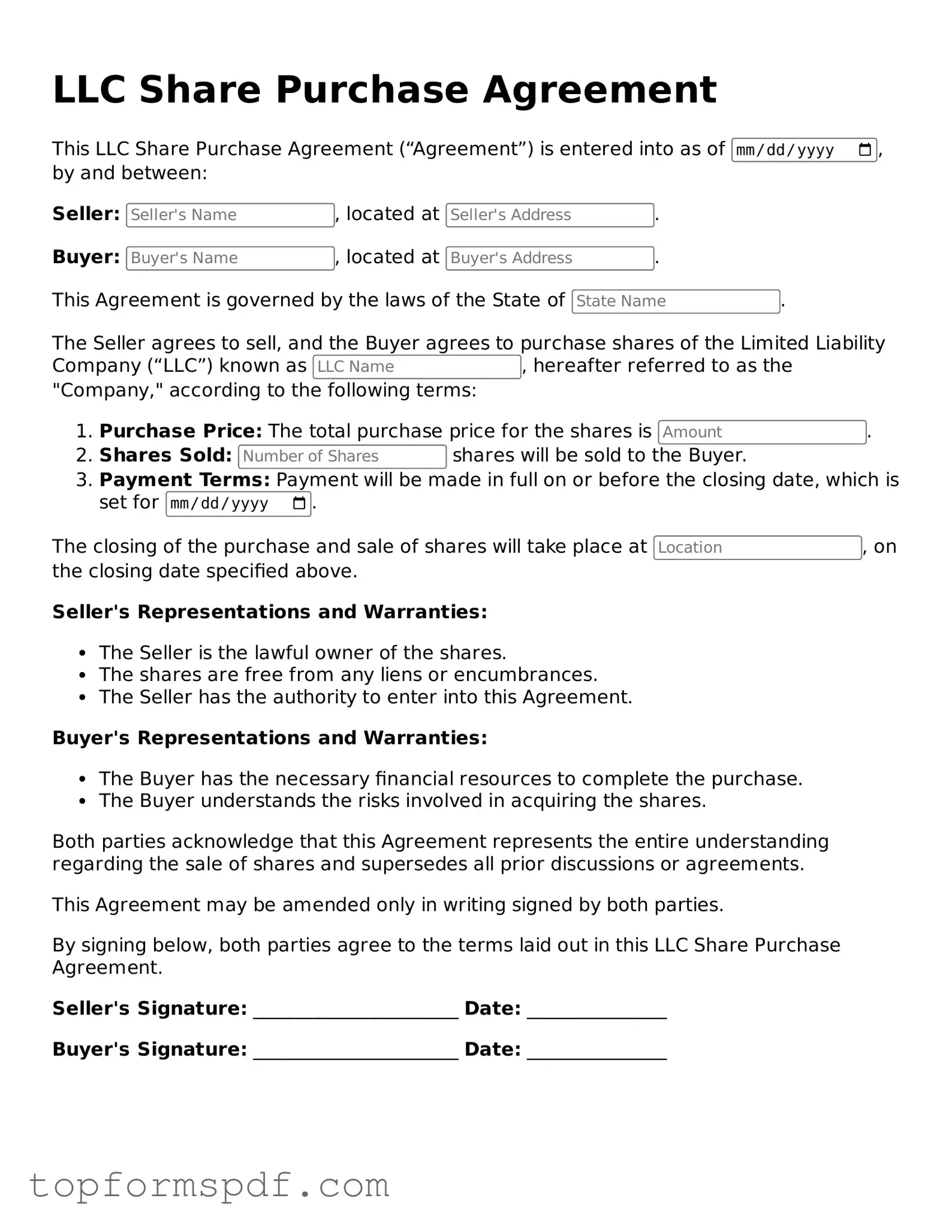 Legal LLC Share Purchase Agreement Form