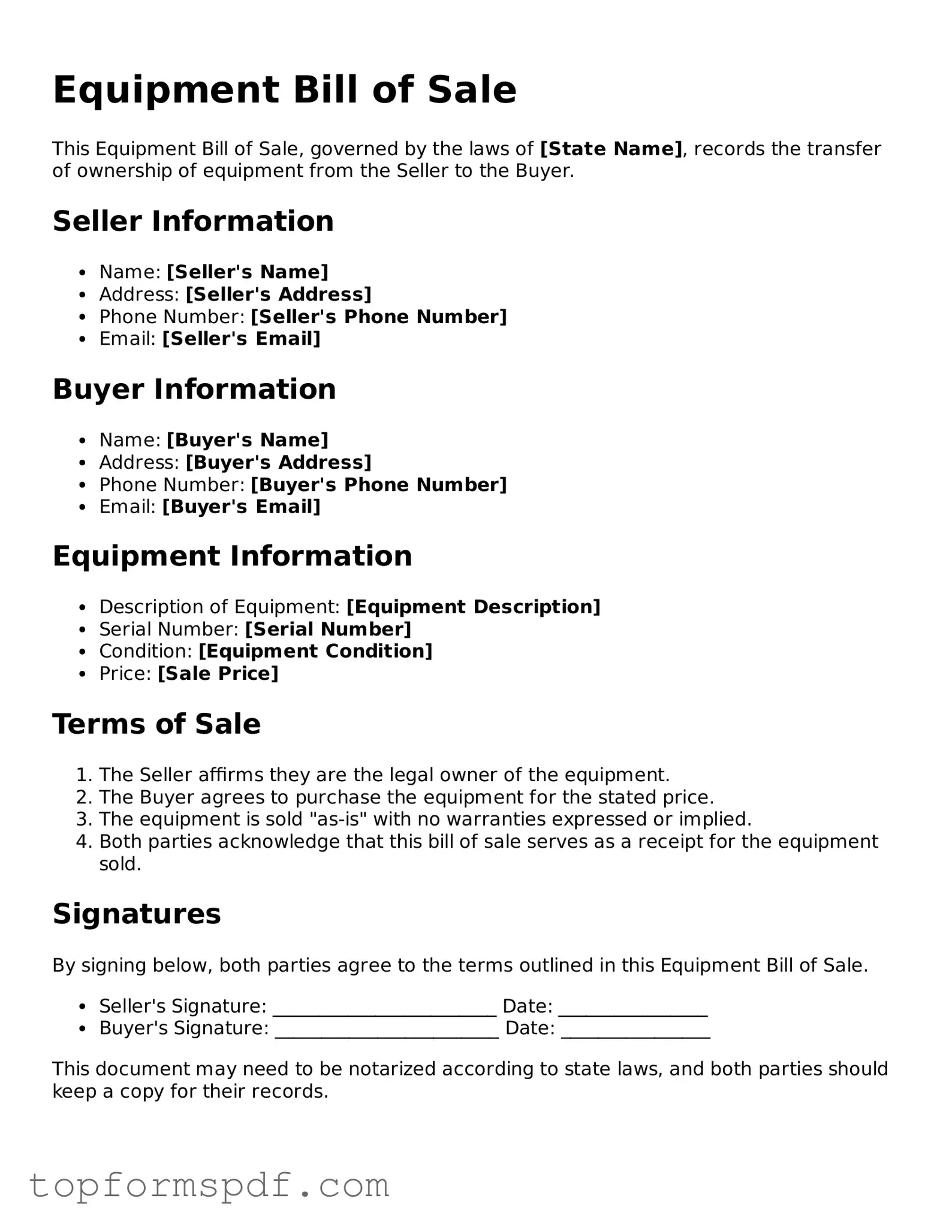 Legal Equipment Bill of Sale Form