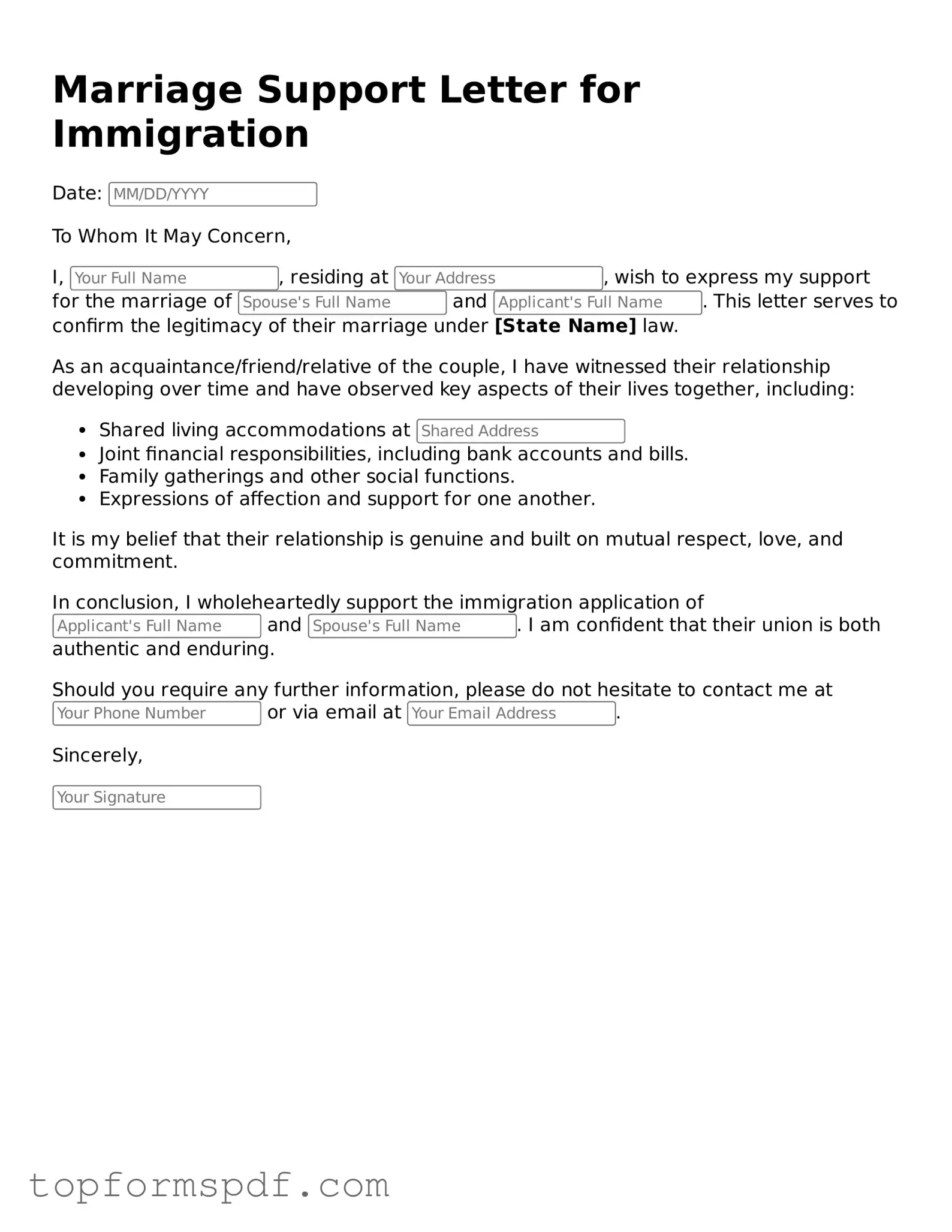 Legal Marriage Support Letter for Immigration Form