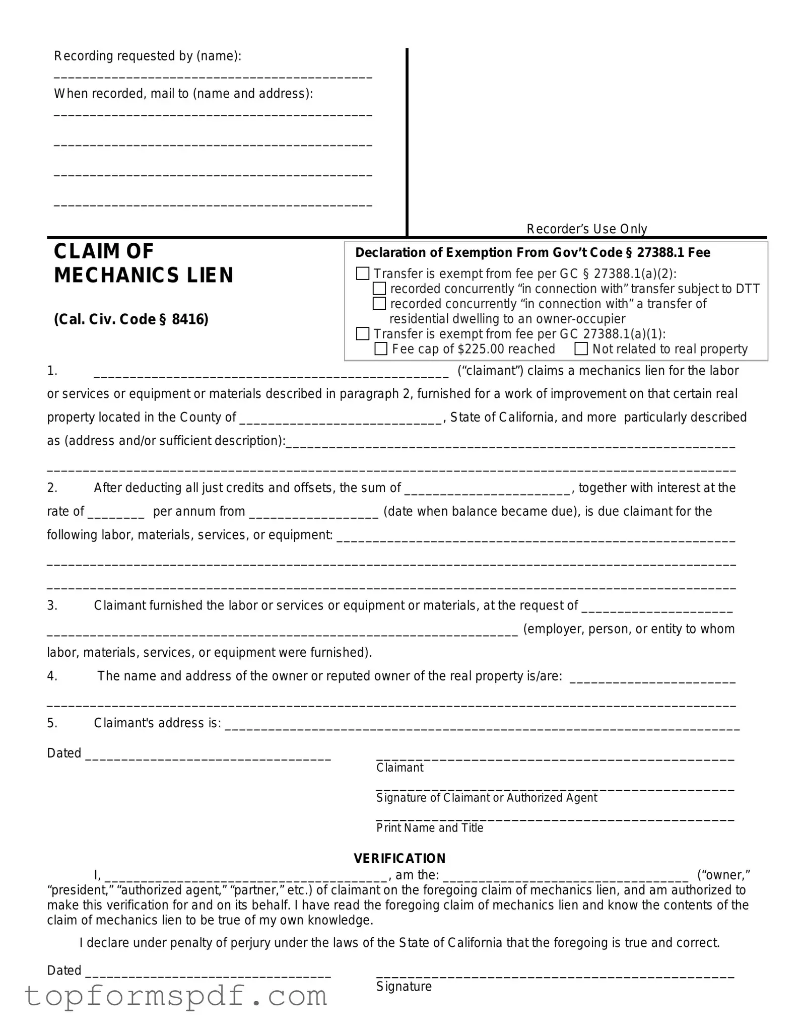 Mechanics Lien California Template