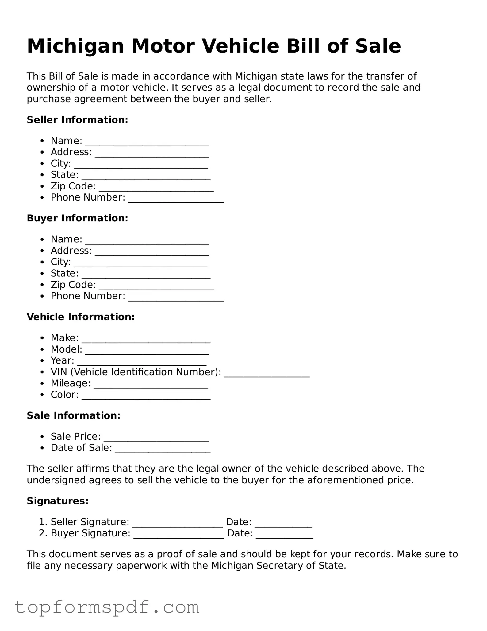 Blank Michigan Motor Vehicle Bill of Sale Template