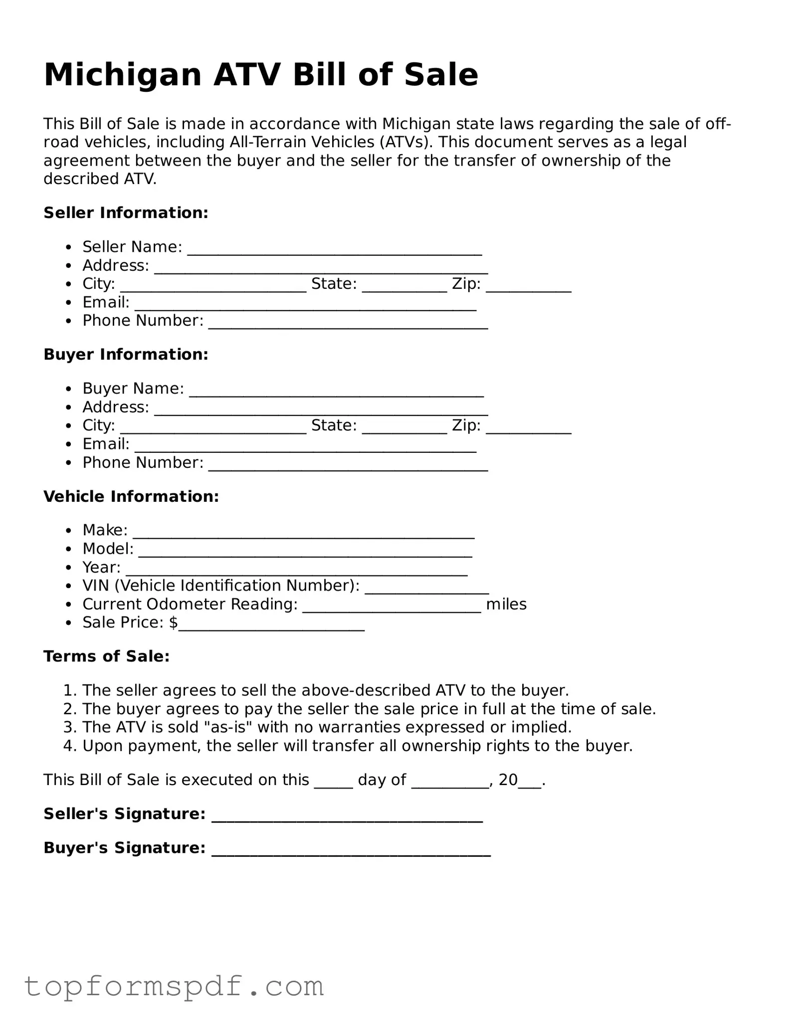Blank Michigan ATV Bill of Sale Template