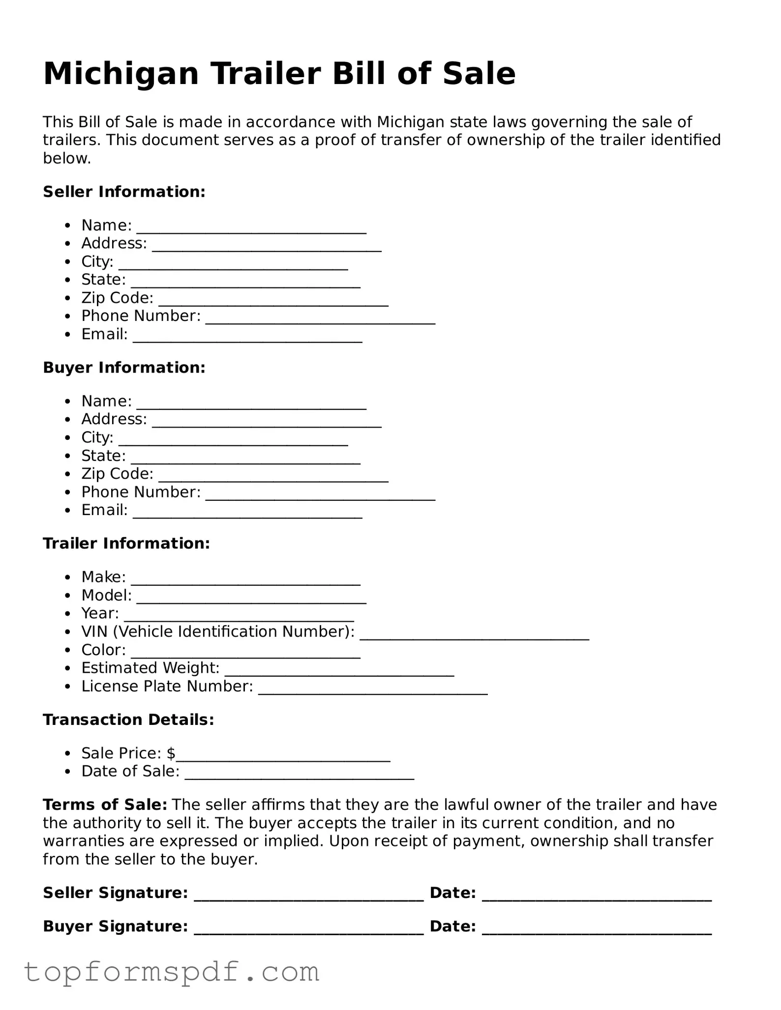 Blank Michigan Trailer Bill of Sale Template