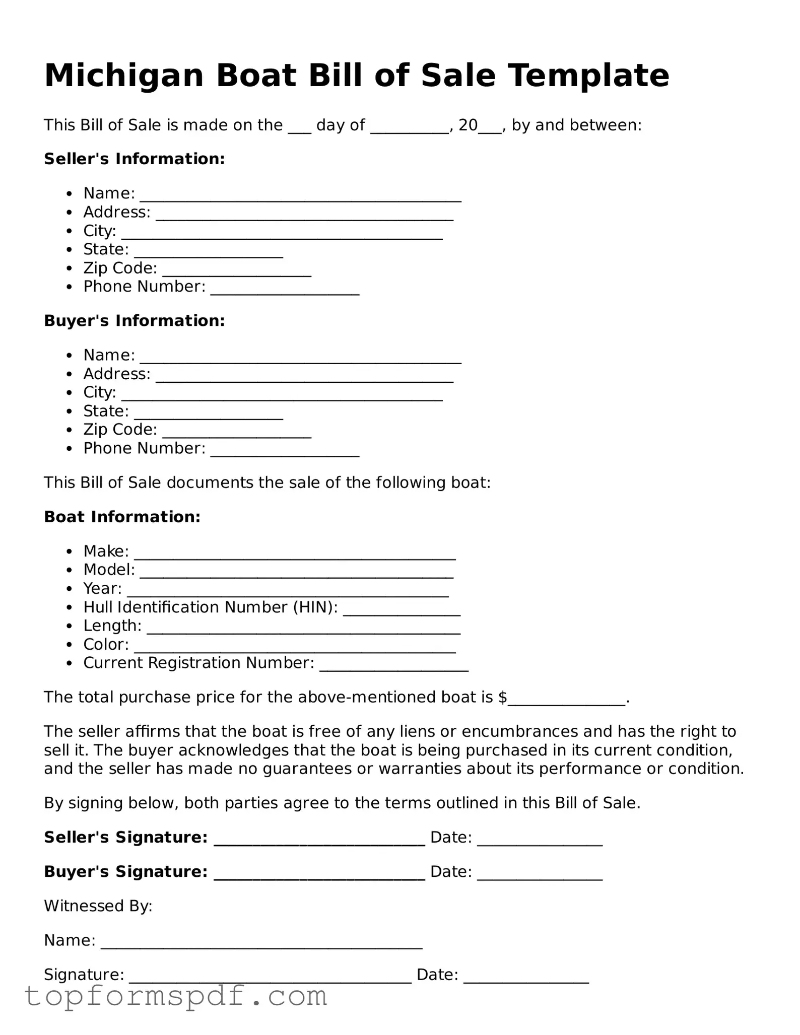 Blank Michigan Boat Bill of Sale Template