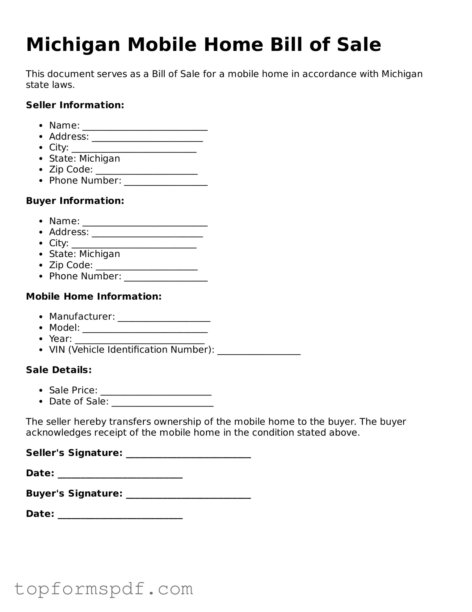 Blank Michigan Mobile Home Bill of Sale Template