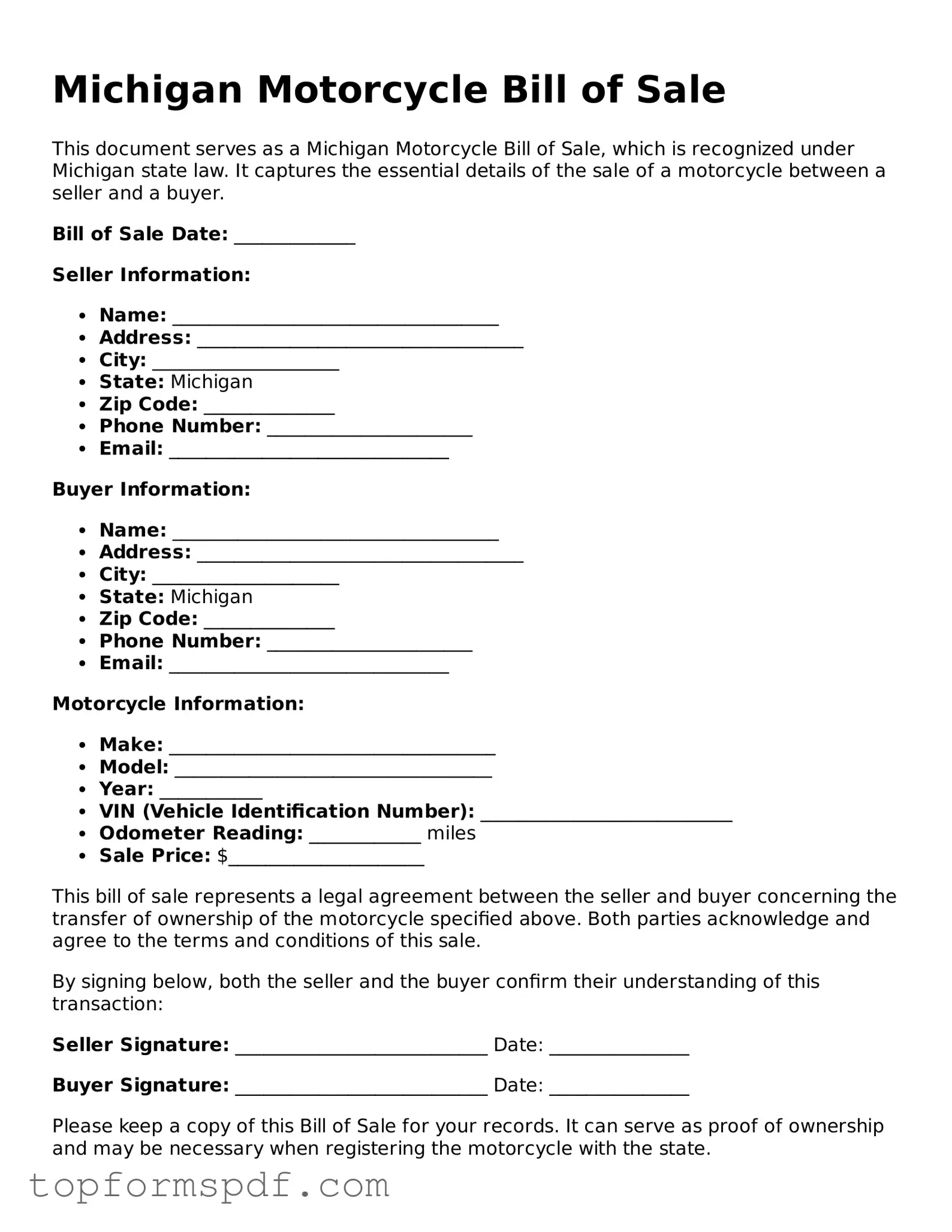 Blank Michigan Motorcycle Bill of Sale Template
