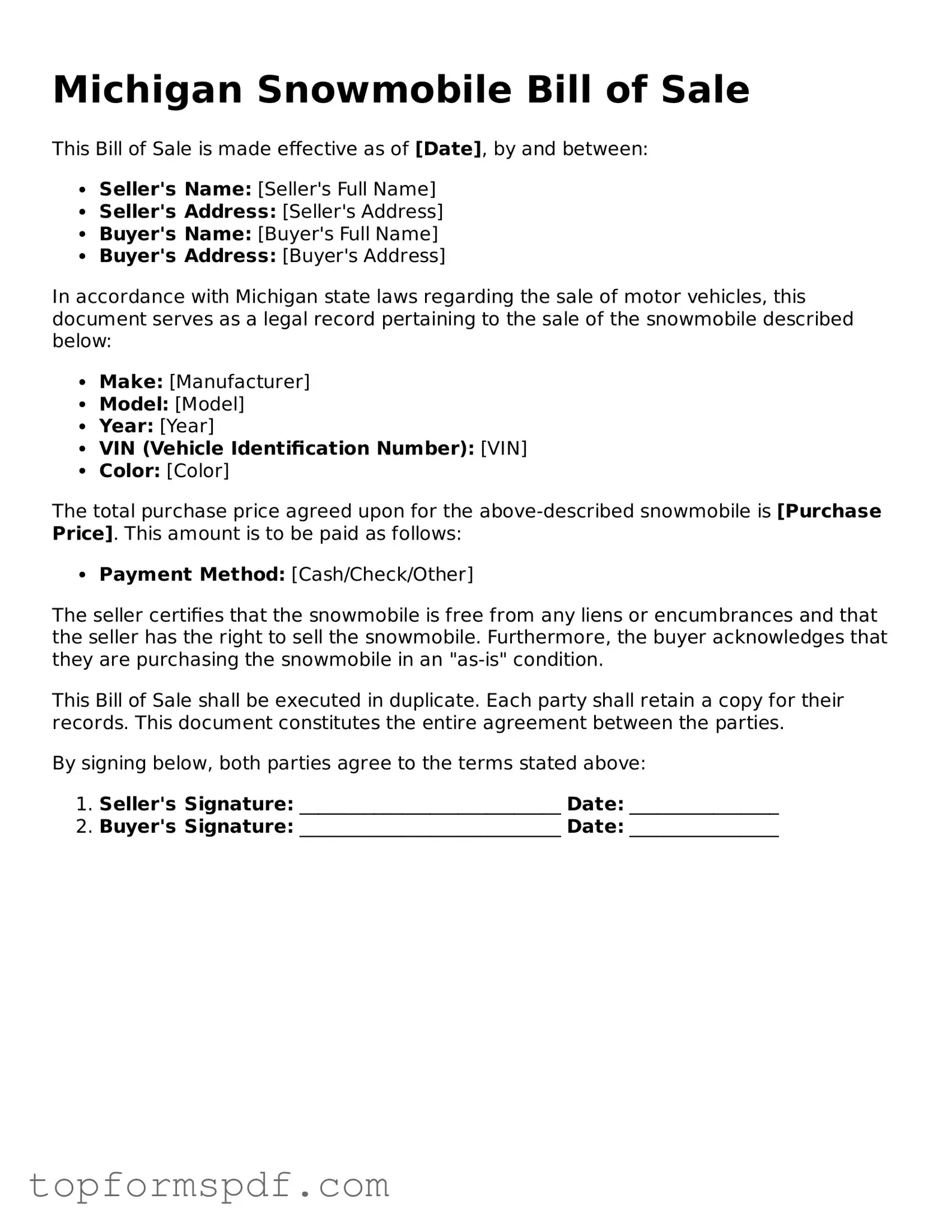 Blank Michigan Snowmobile Bill of Sale Template