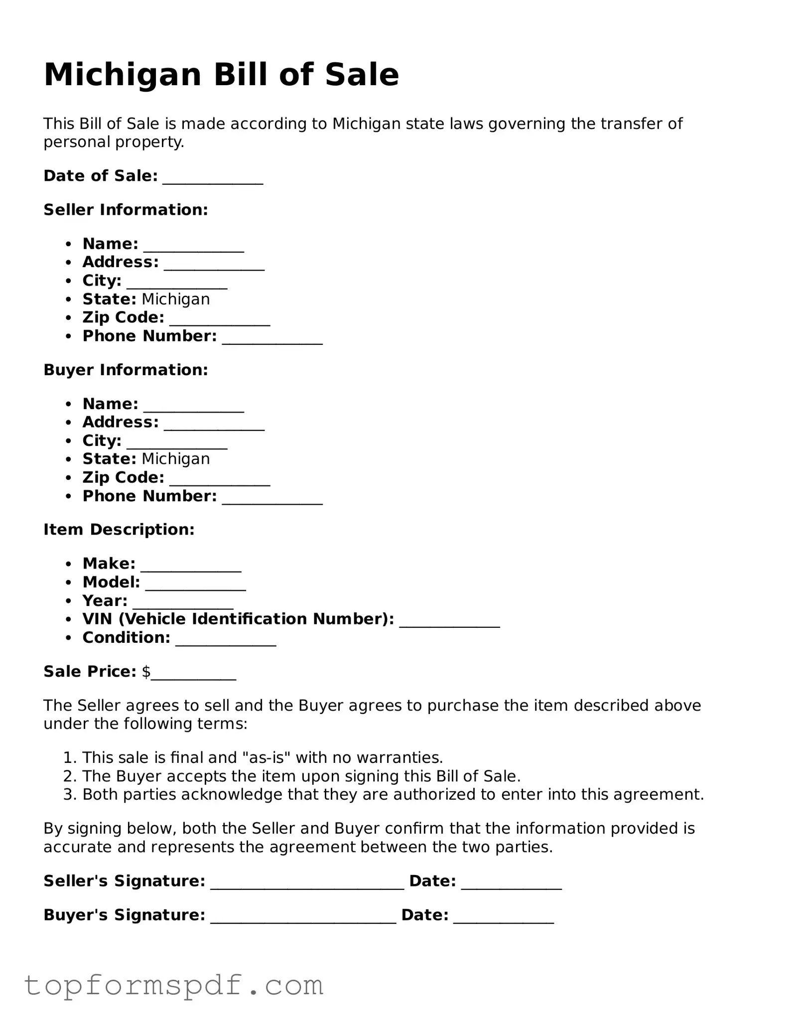 Blank Michigan Bill of Sale Template
