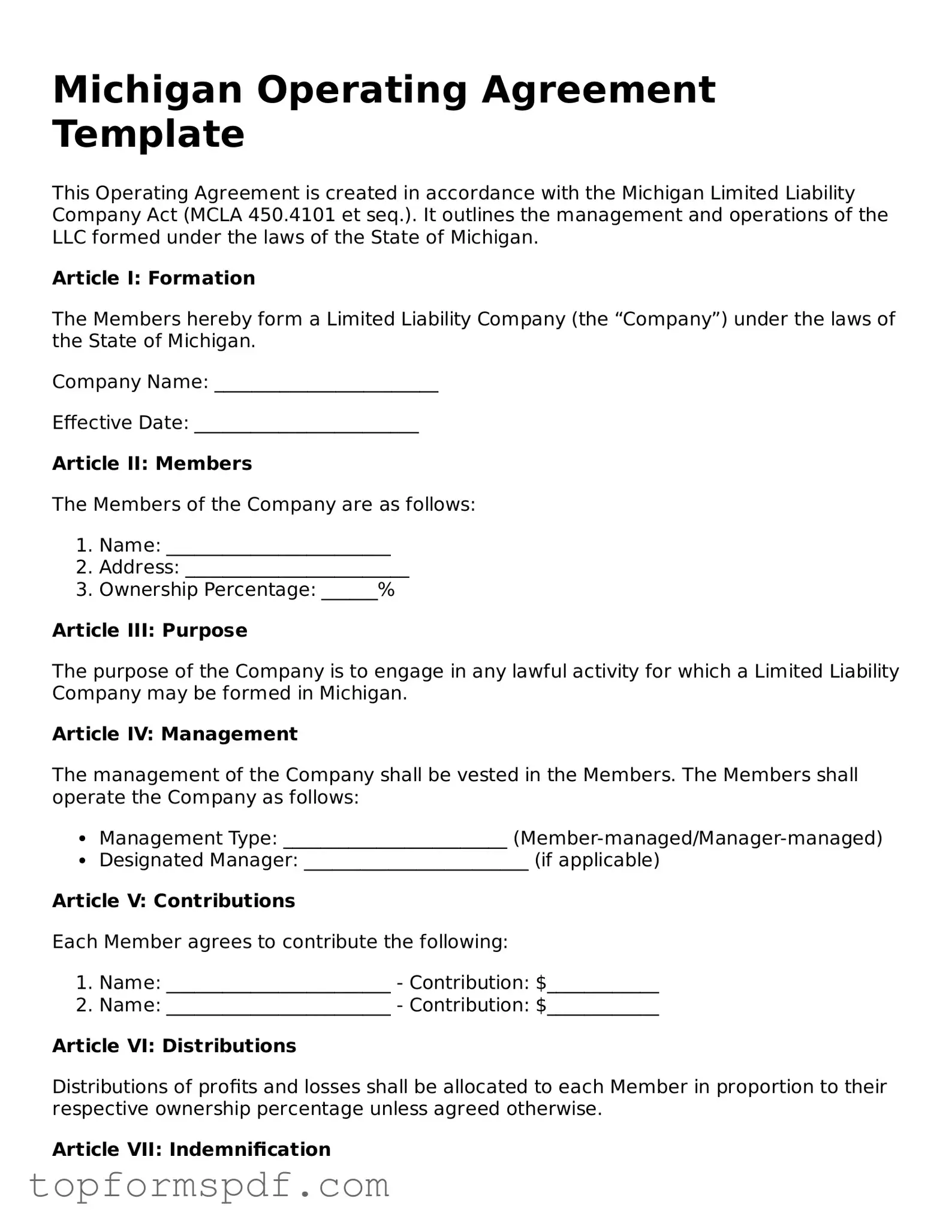 Blank Michigan Operating Agreement Template