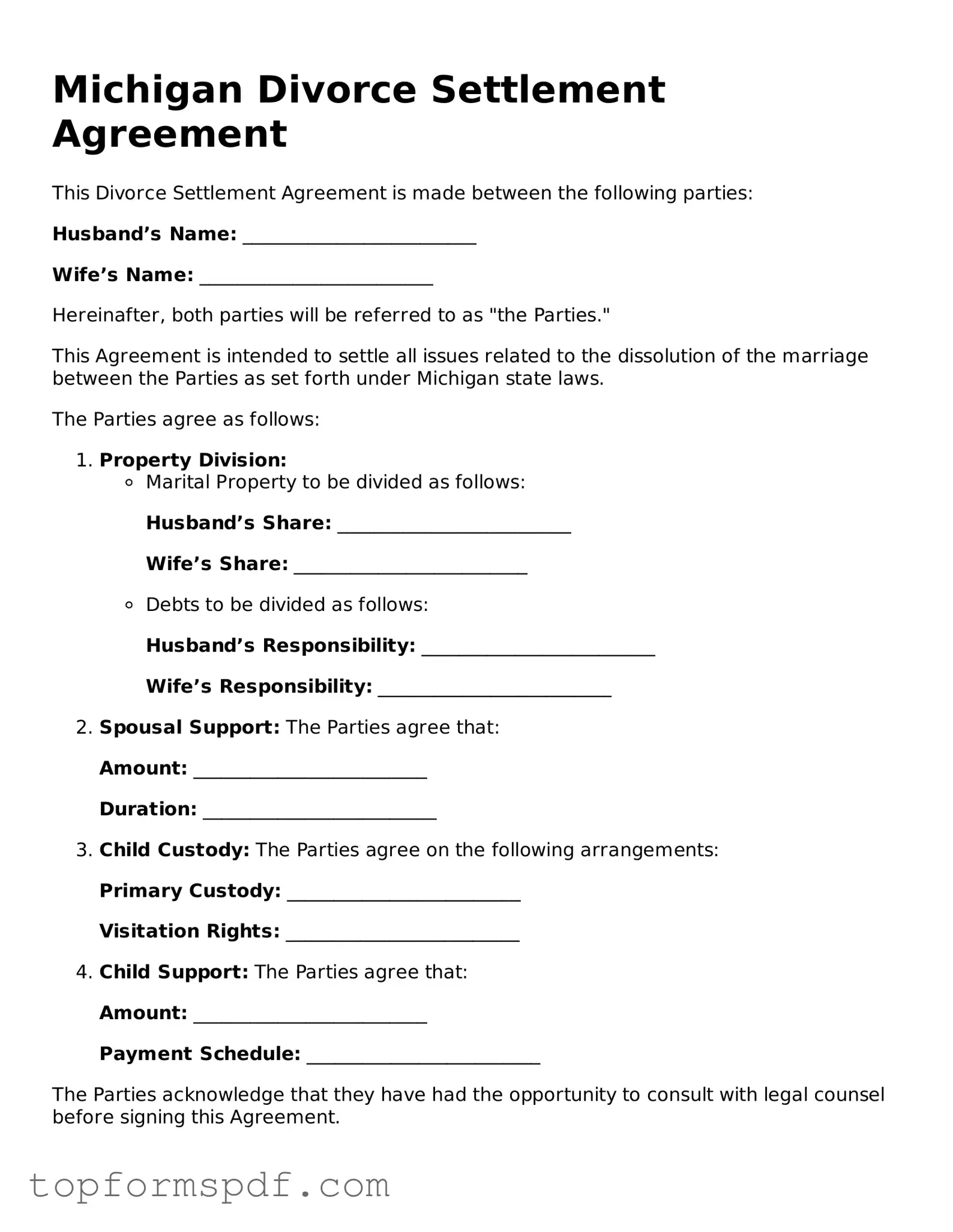 Blank Michigan Divorce Settlement Agreement Template