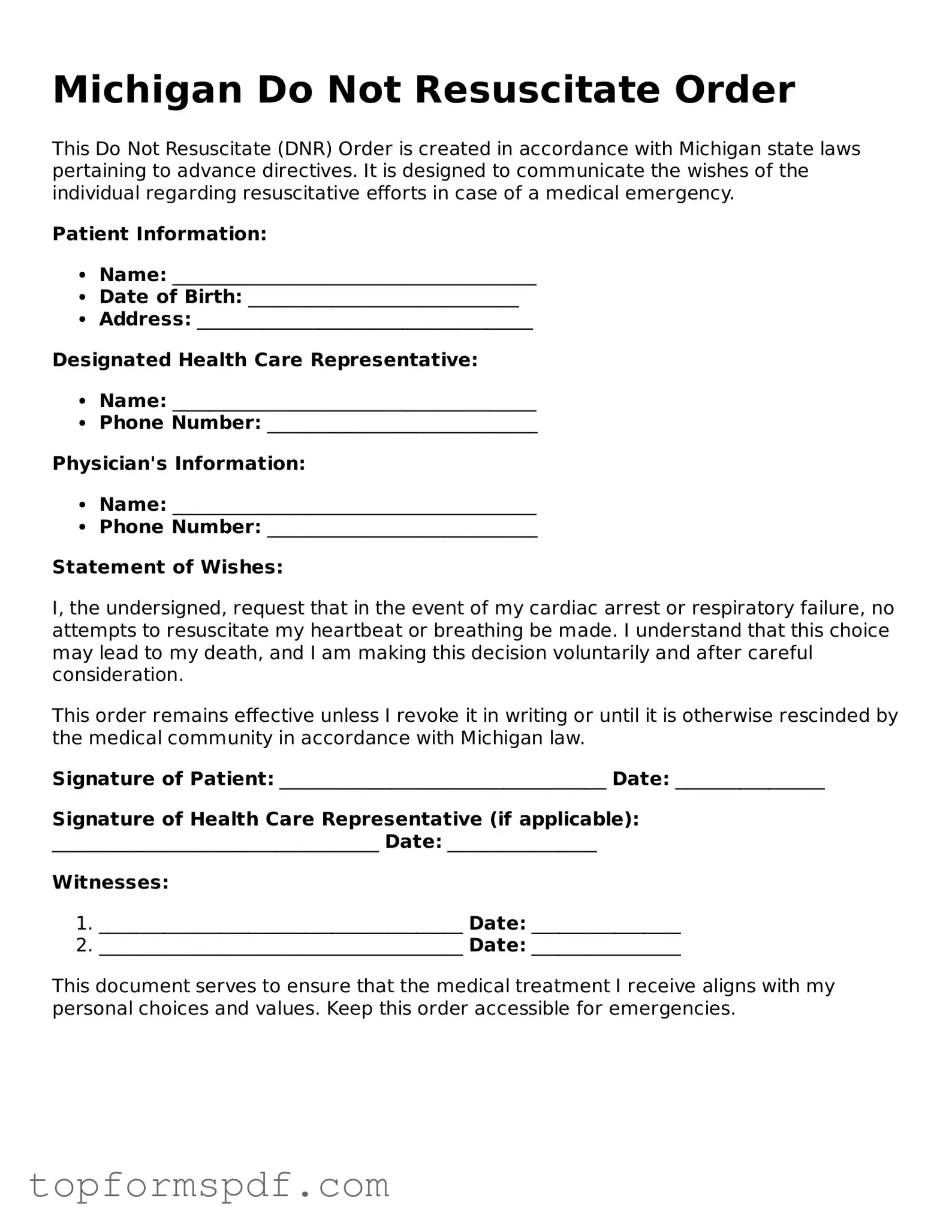 Blank Michigan Do Not Resuscitate Order Template