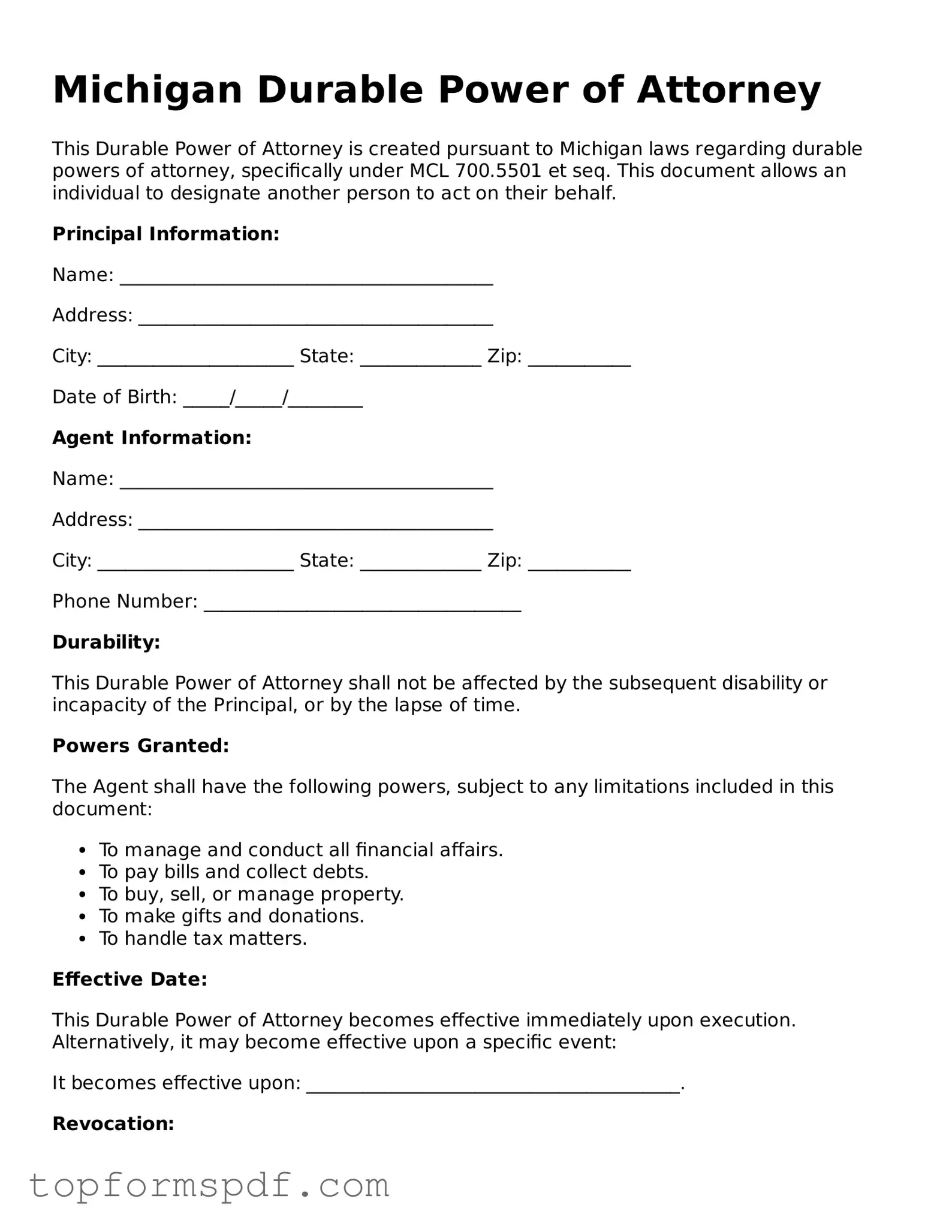 Blank Michigan Durable Power of Attorney Template