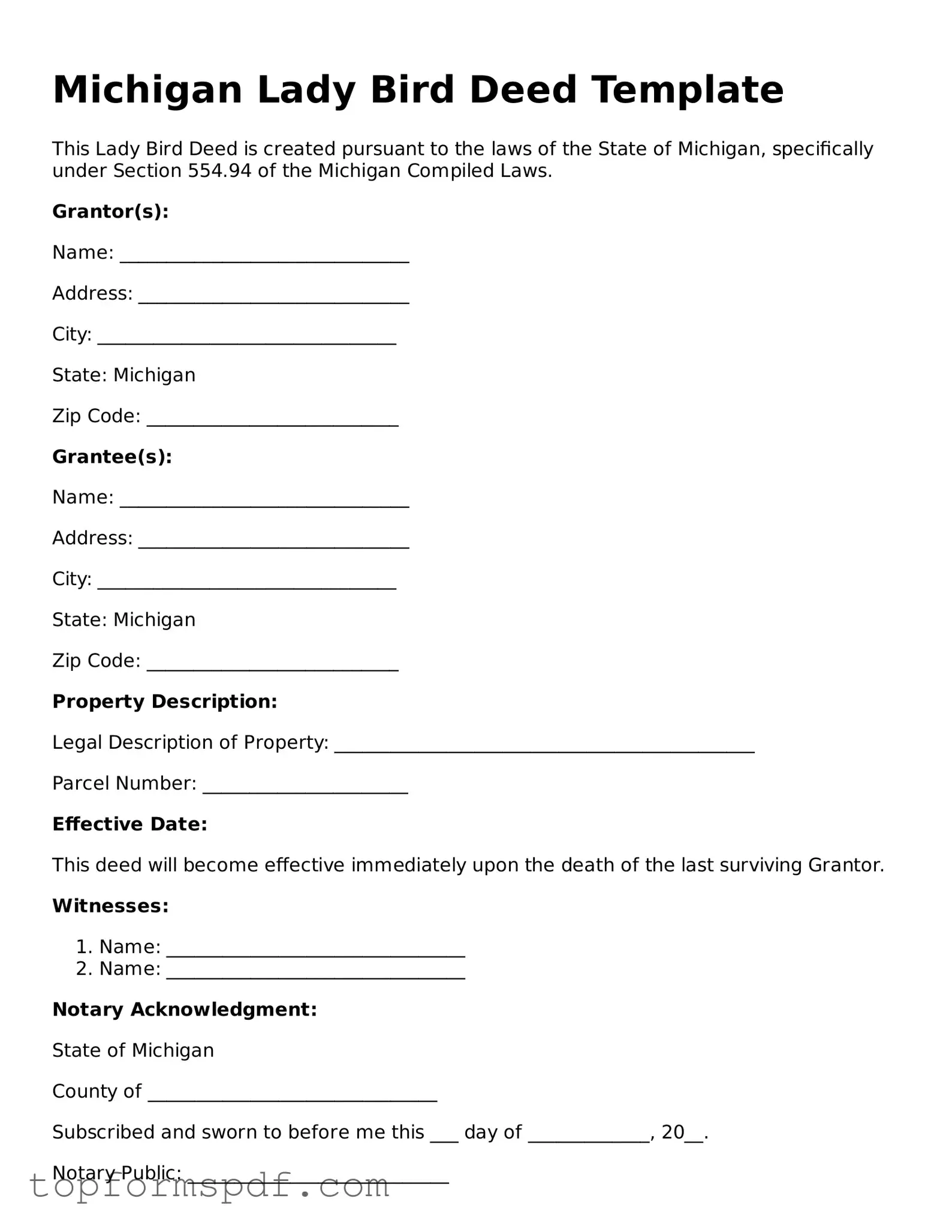 Blank Michigan Lady Bird Deed Template