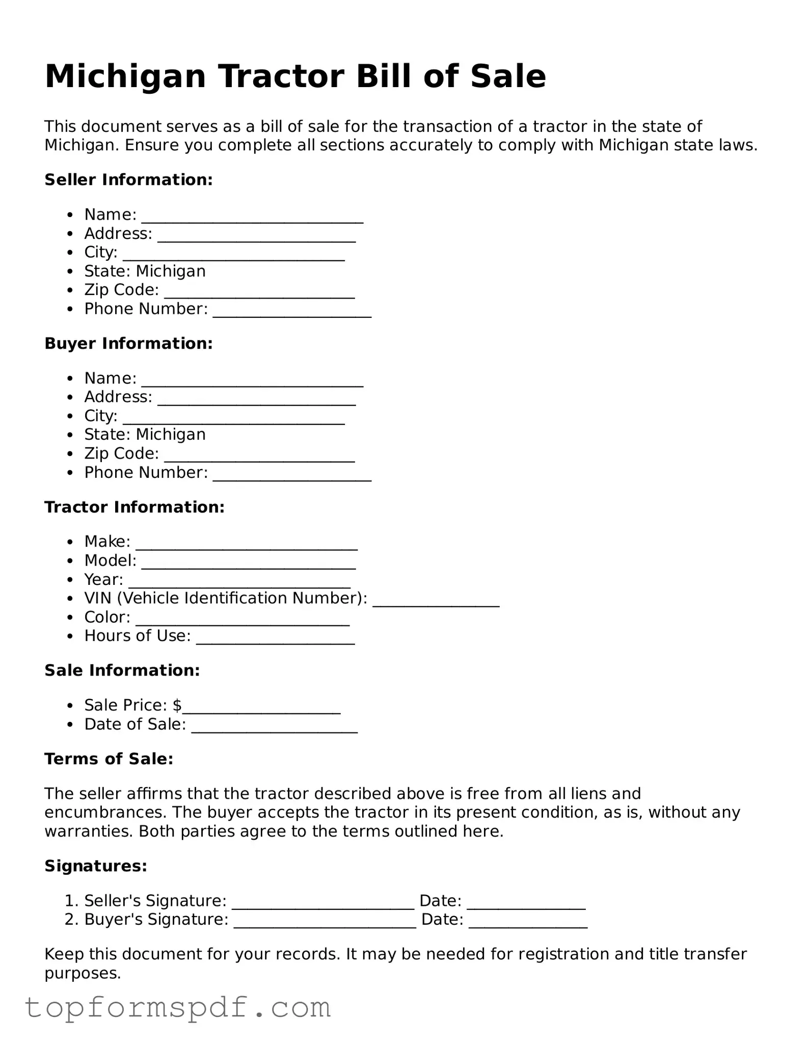 Blank Michigan Tractor Bill of Sale Template
