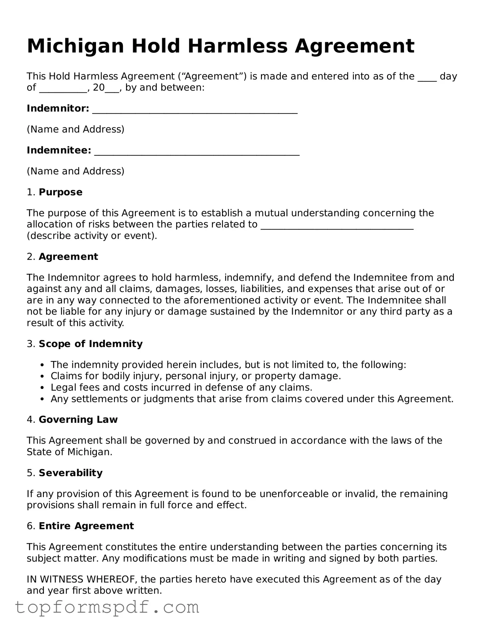 Blank Michigan Hold Harmless Agreement Template