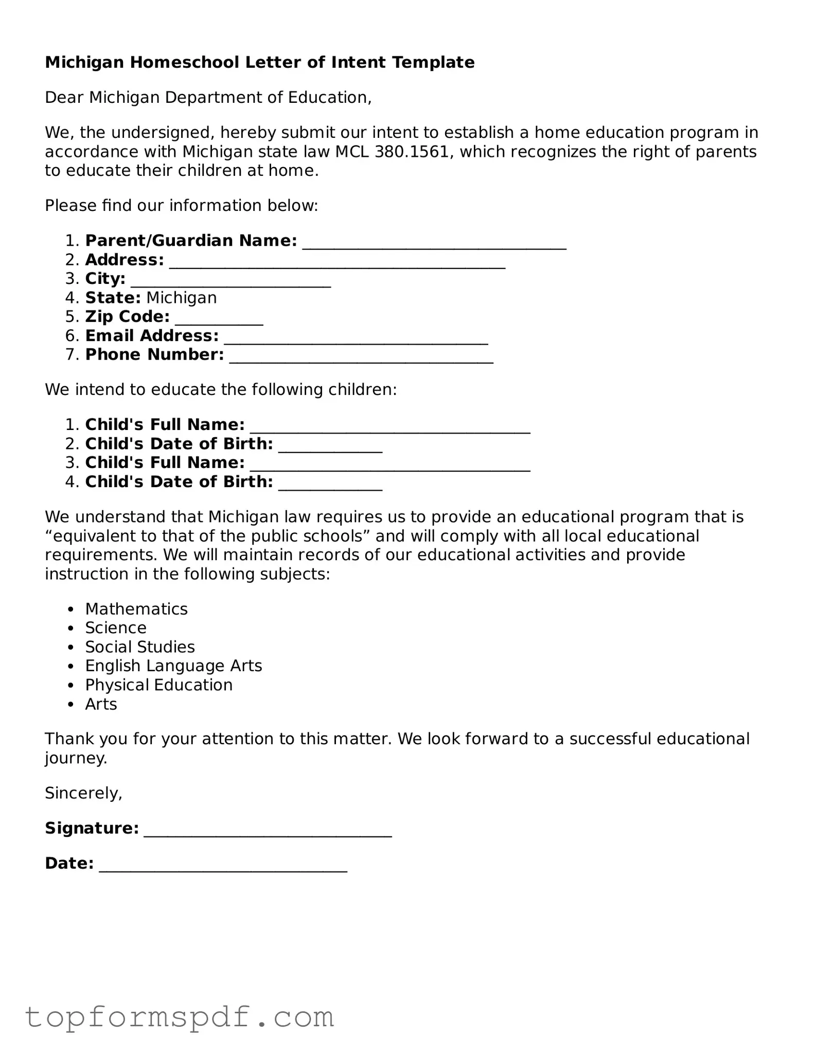 Blank Michigan Homeschool Letter of Intent Template