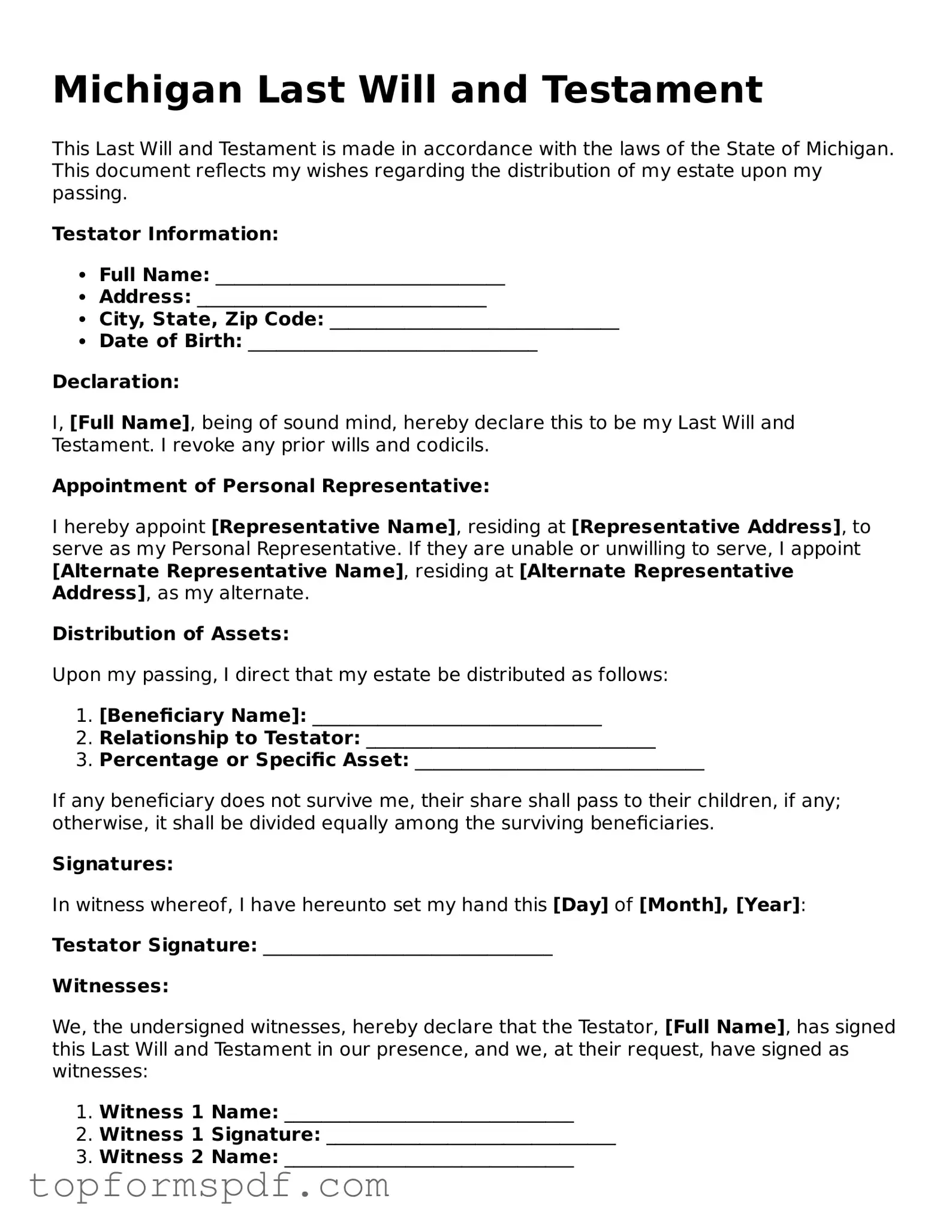 Blank Michigan Last Will and Testament Template