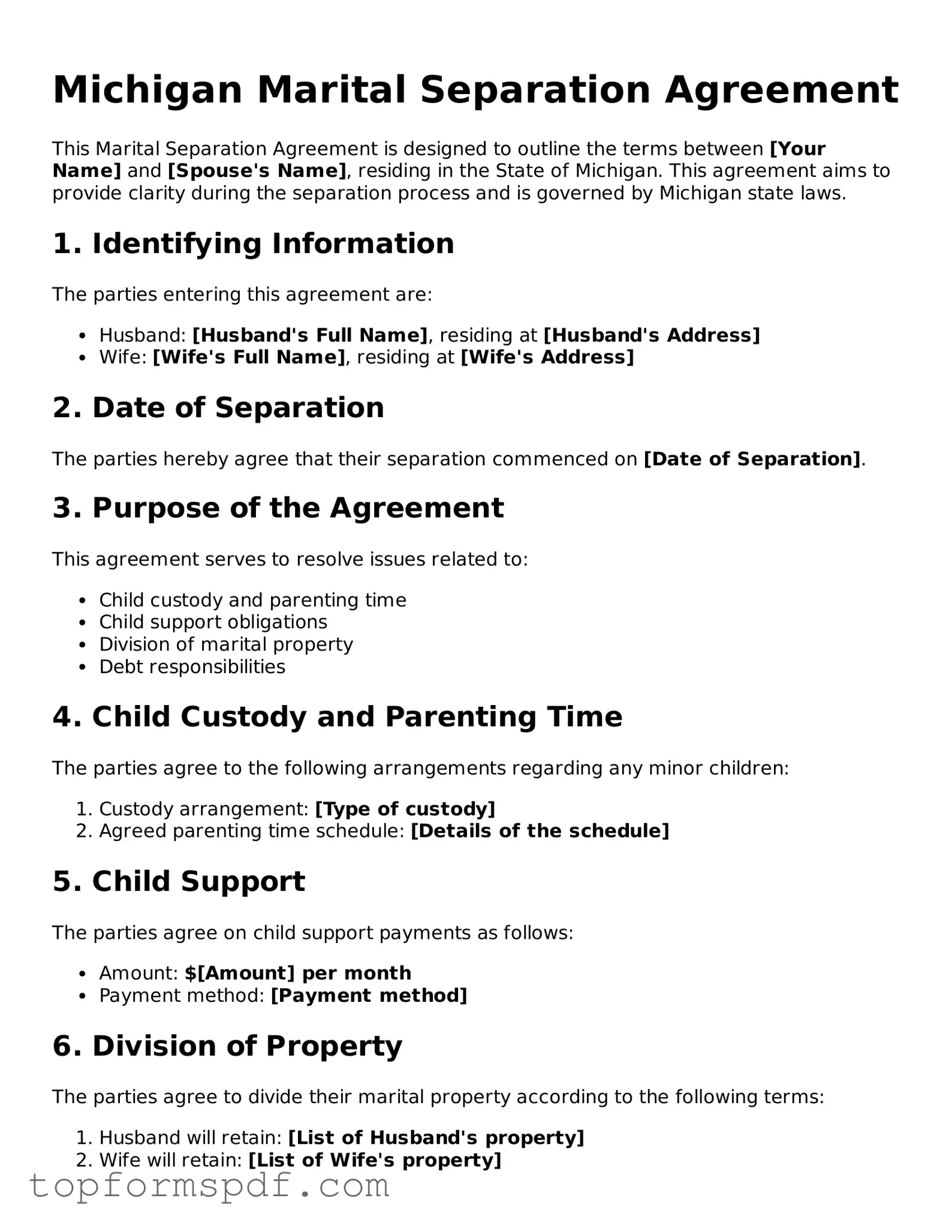 Blank Michigan Marital Separation Agreement Template