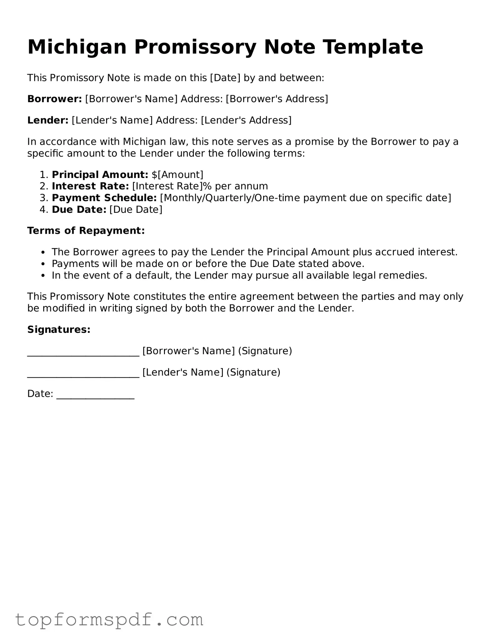 Blank Michigan Promissory Note Template