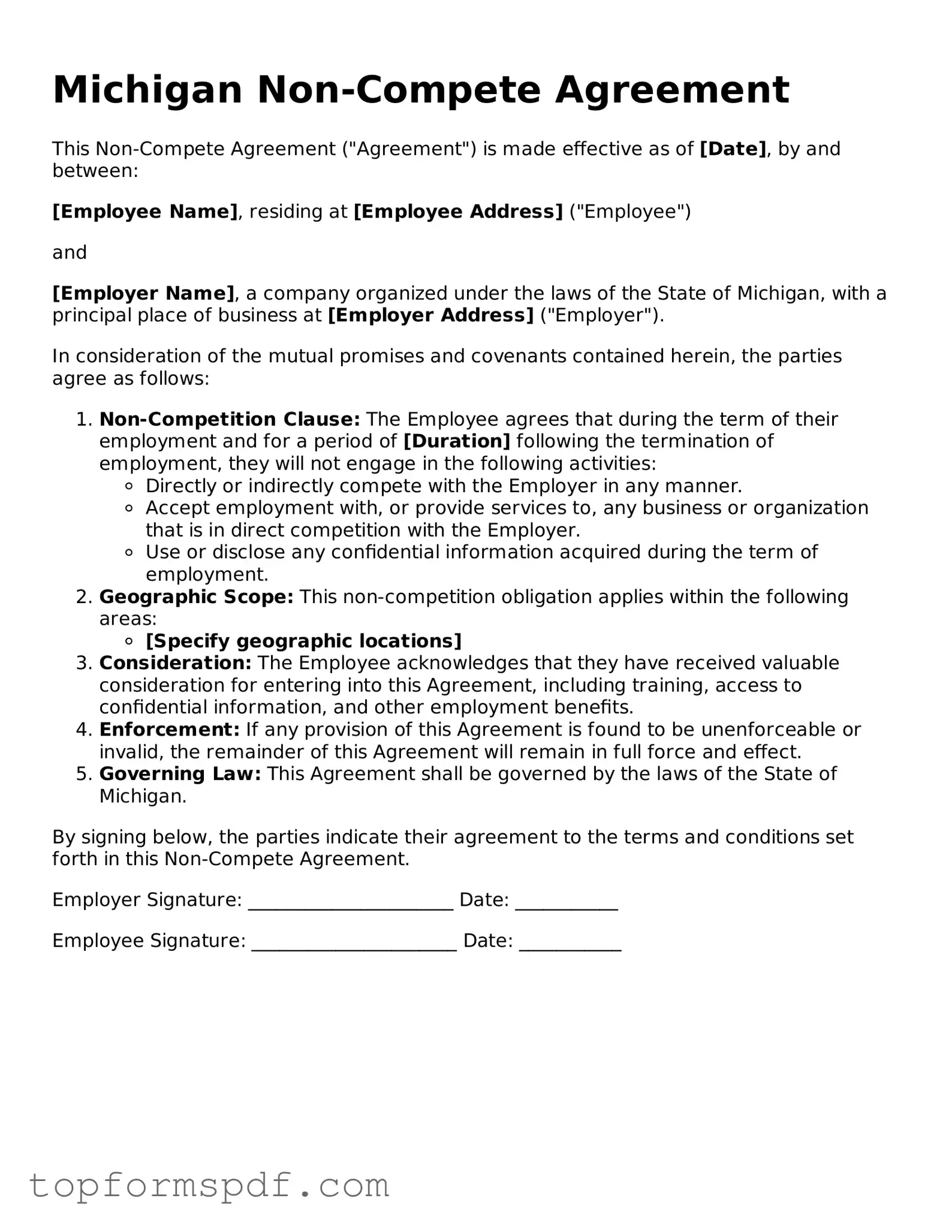 Blank Michigan Non-compete Agreement Template