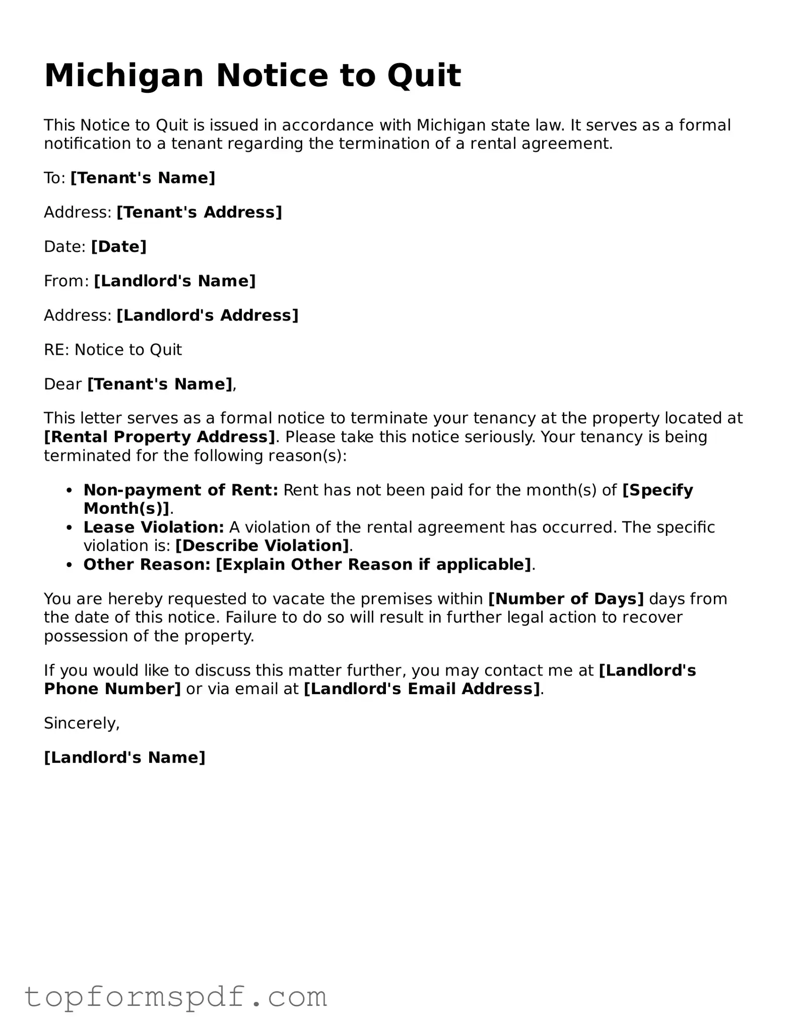 Blank Michigan Notice to Quit Template