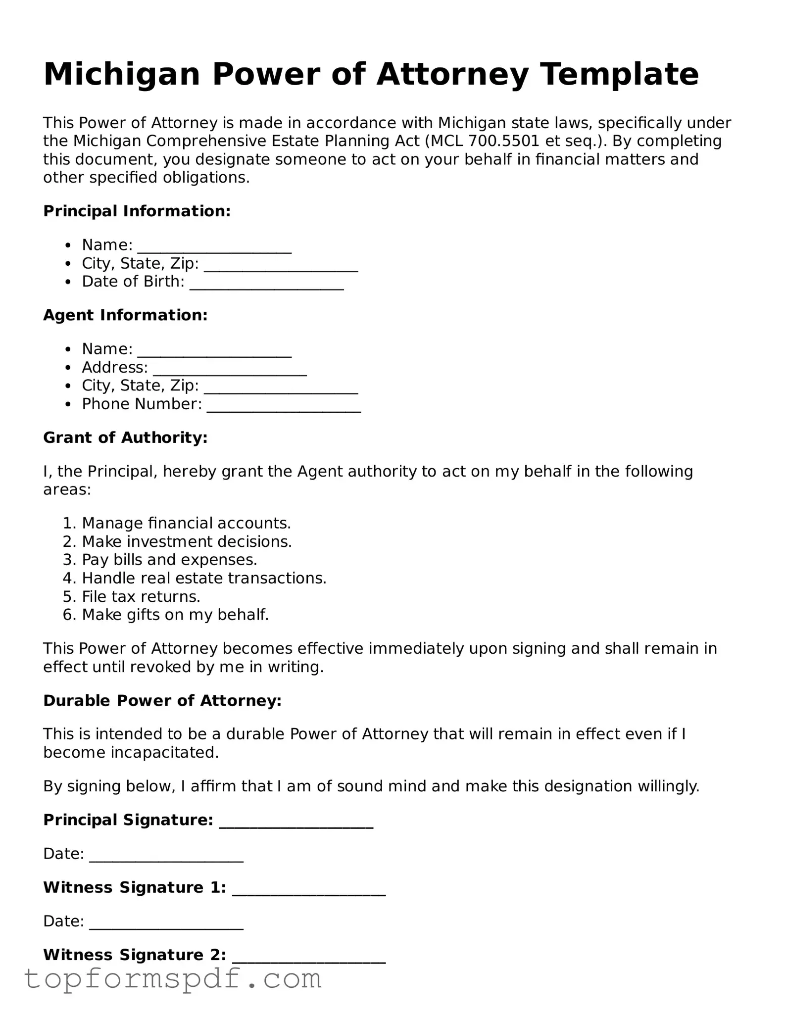 Blank Michigan Power of Attorney Template