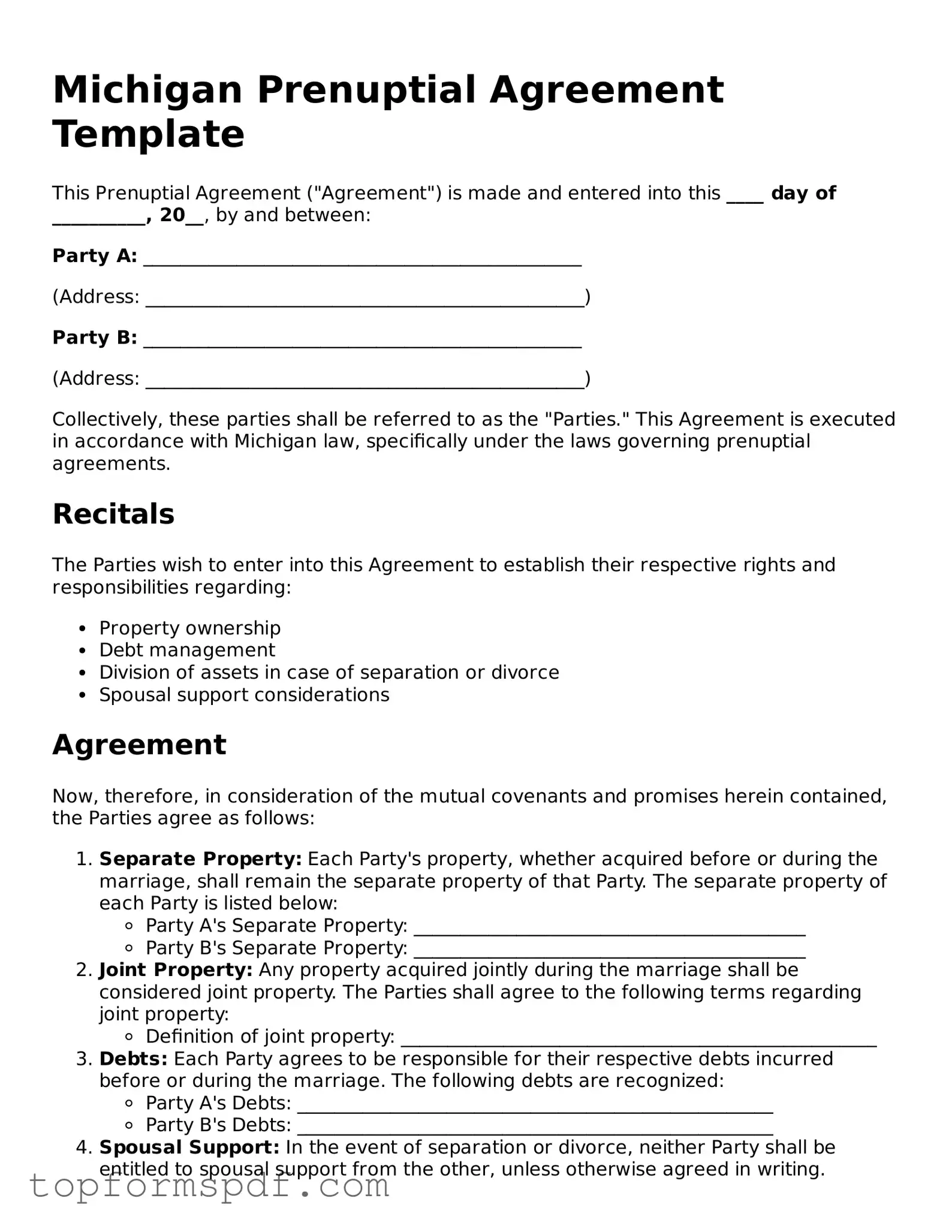 Blank Michigan Prenuptial Agreement Template