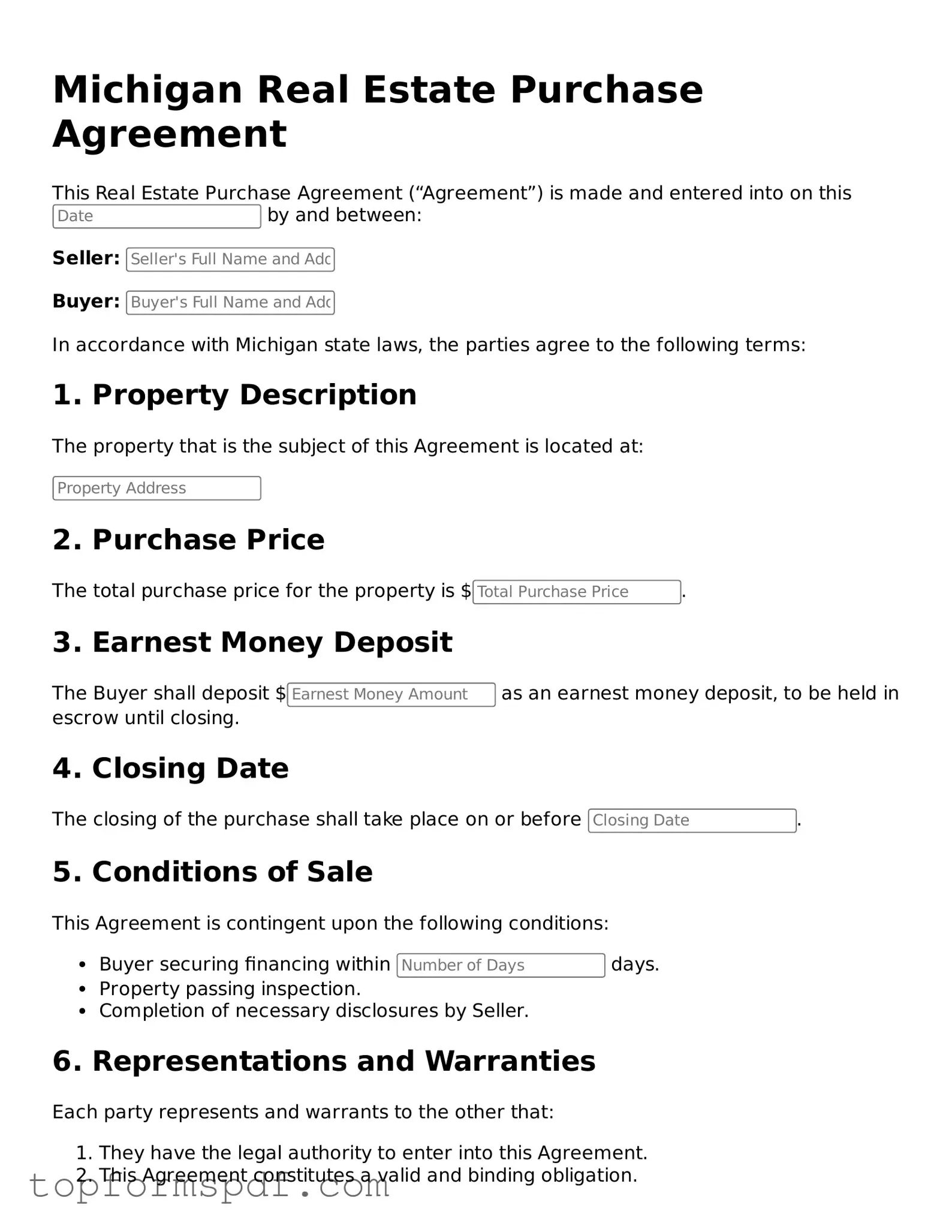 Blank Michigan Real Estate Purchase Agreement Template