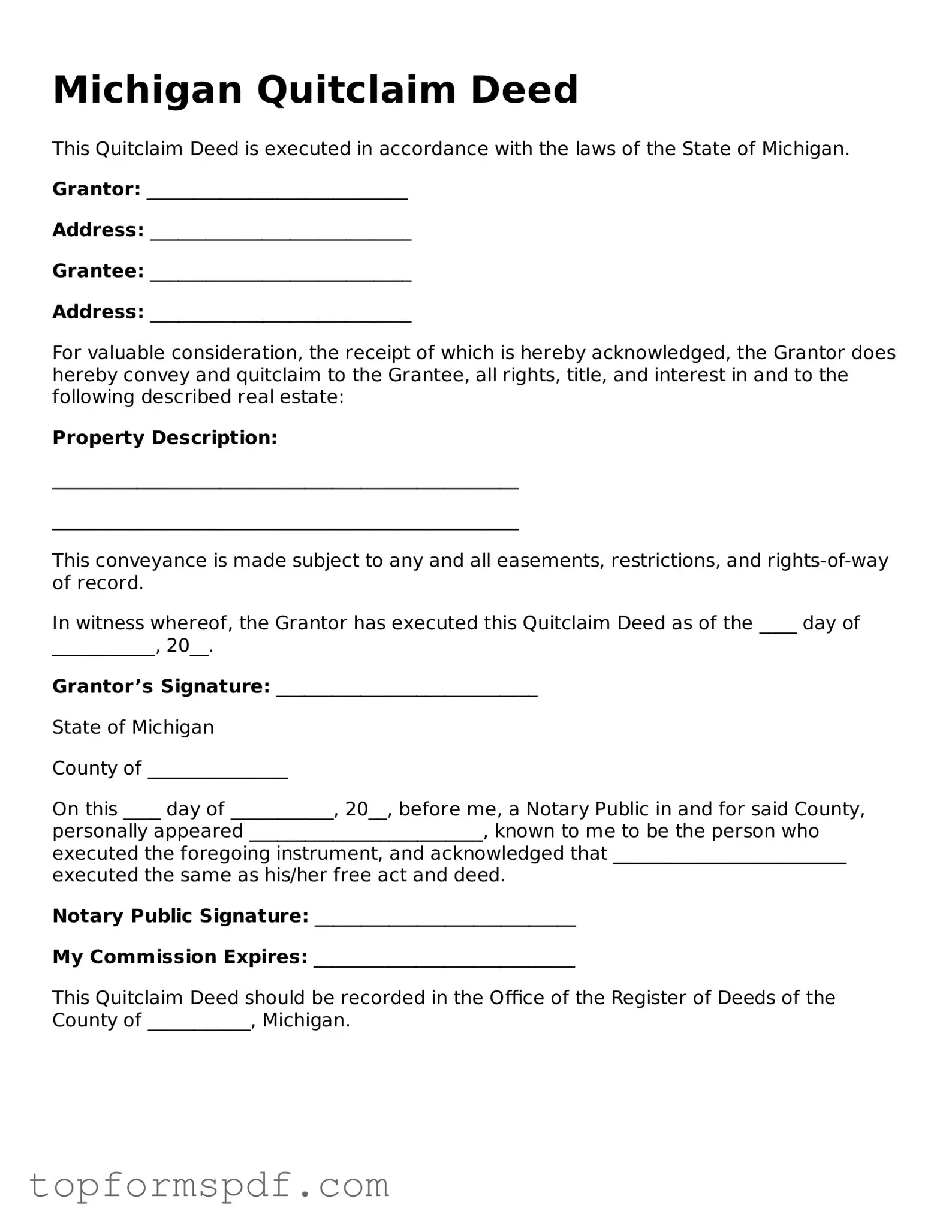 Blank Michigan Quitclaim Deed Template