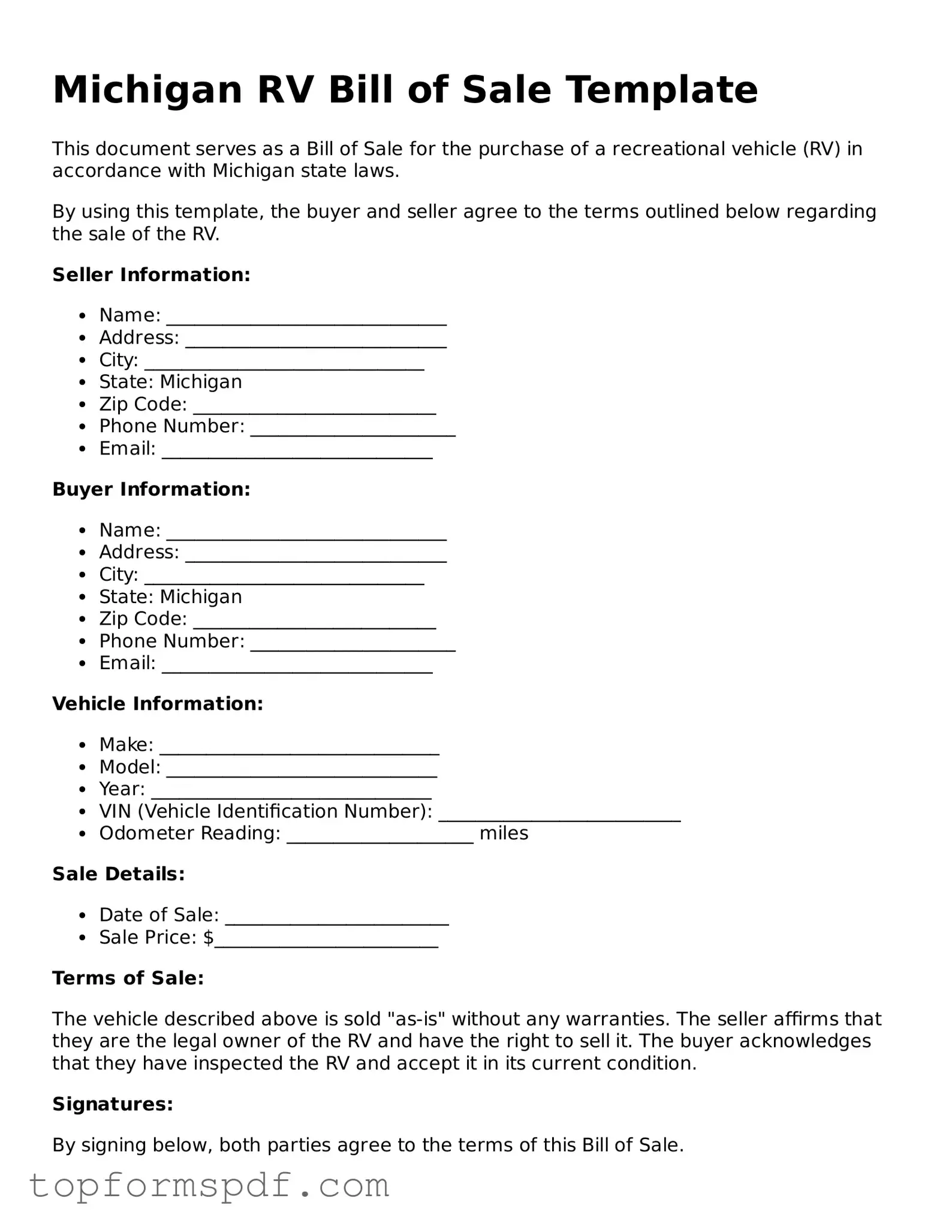 Blank Michigan RV Bill of Sale Template