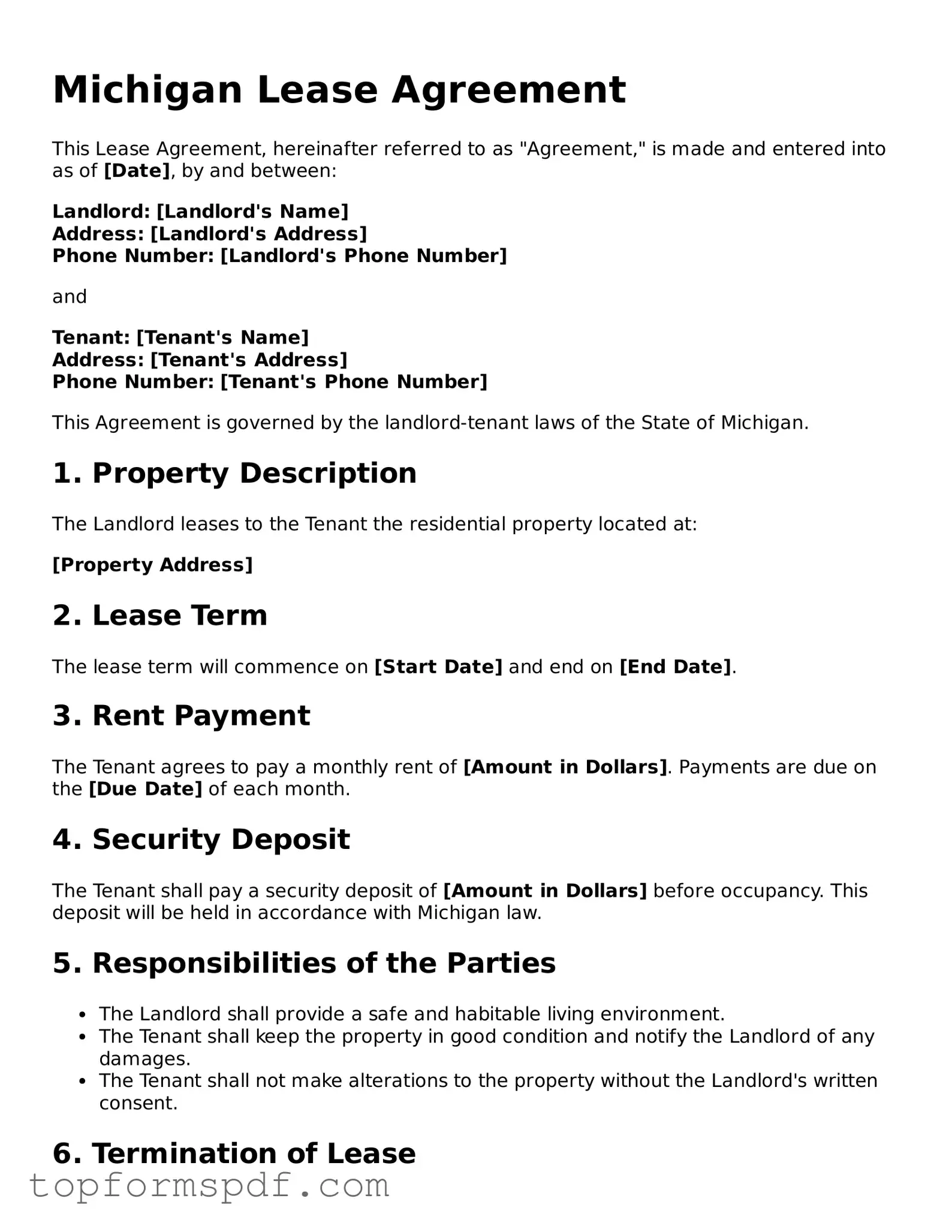 Blank Michigan Lease Agreement Template