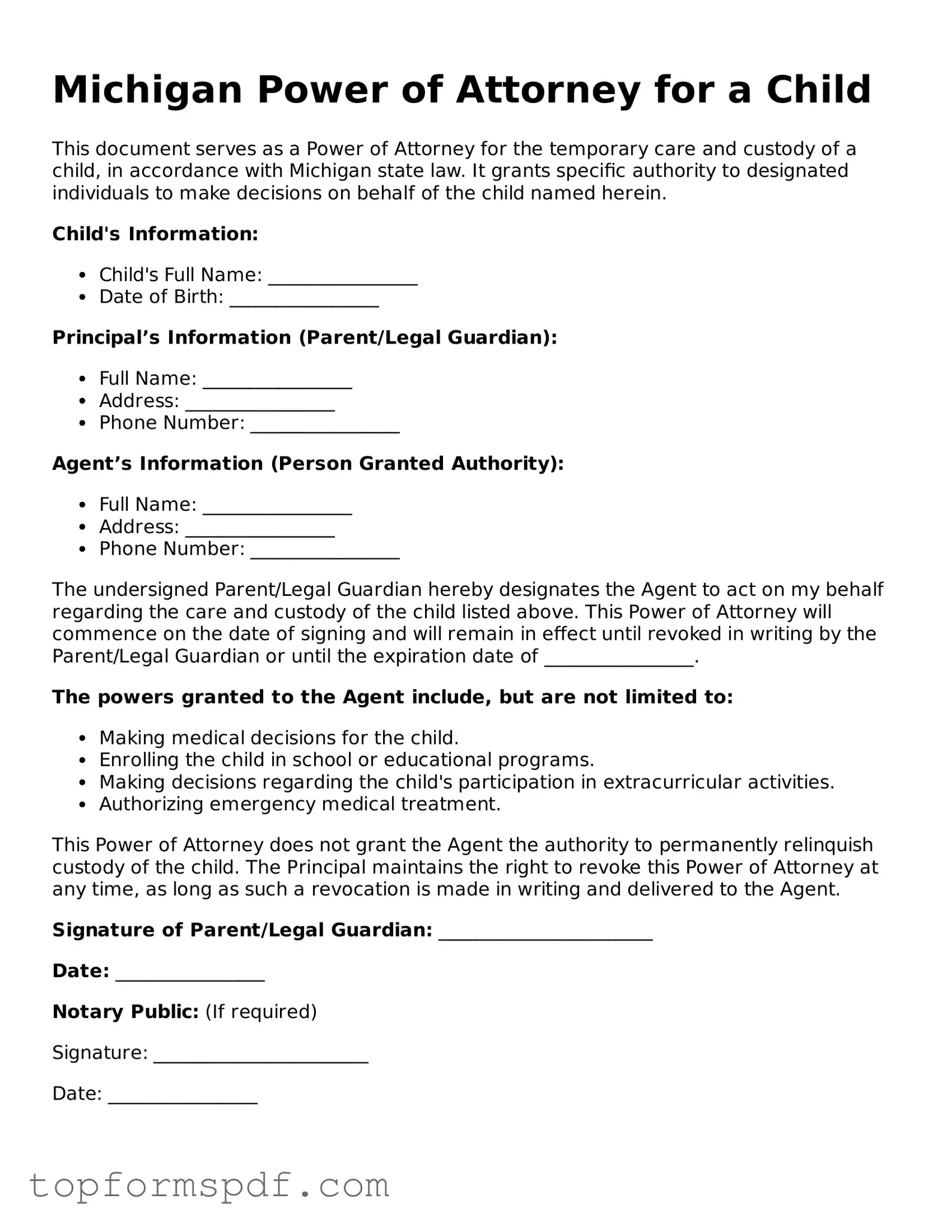 Blank Michigan Power of Attorney for a Child Template
