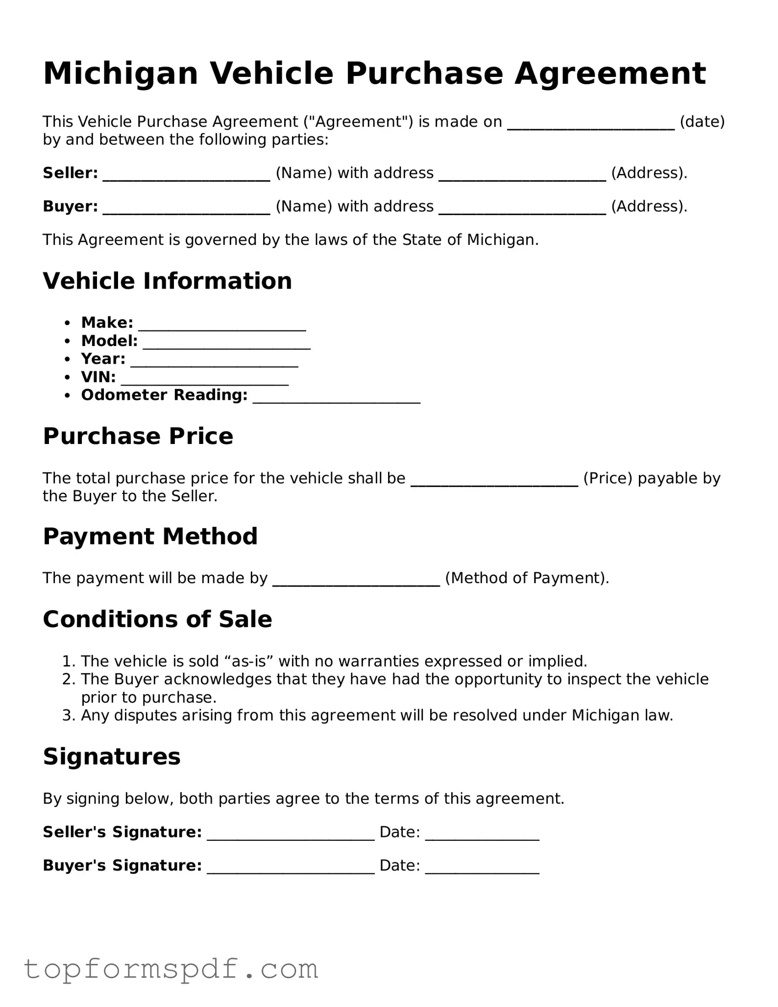 Blank Michigan Vehicle Purchase Agreement Template