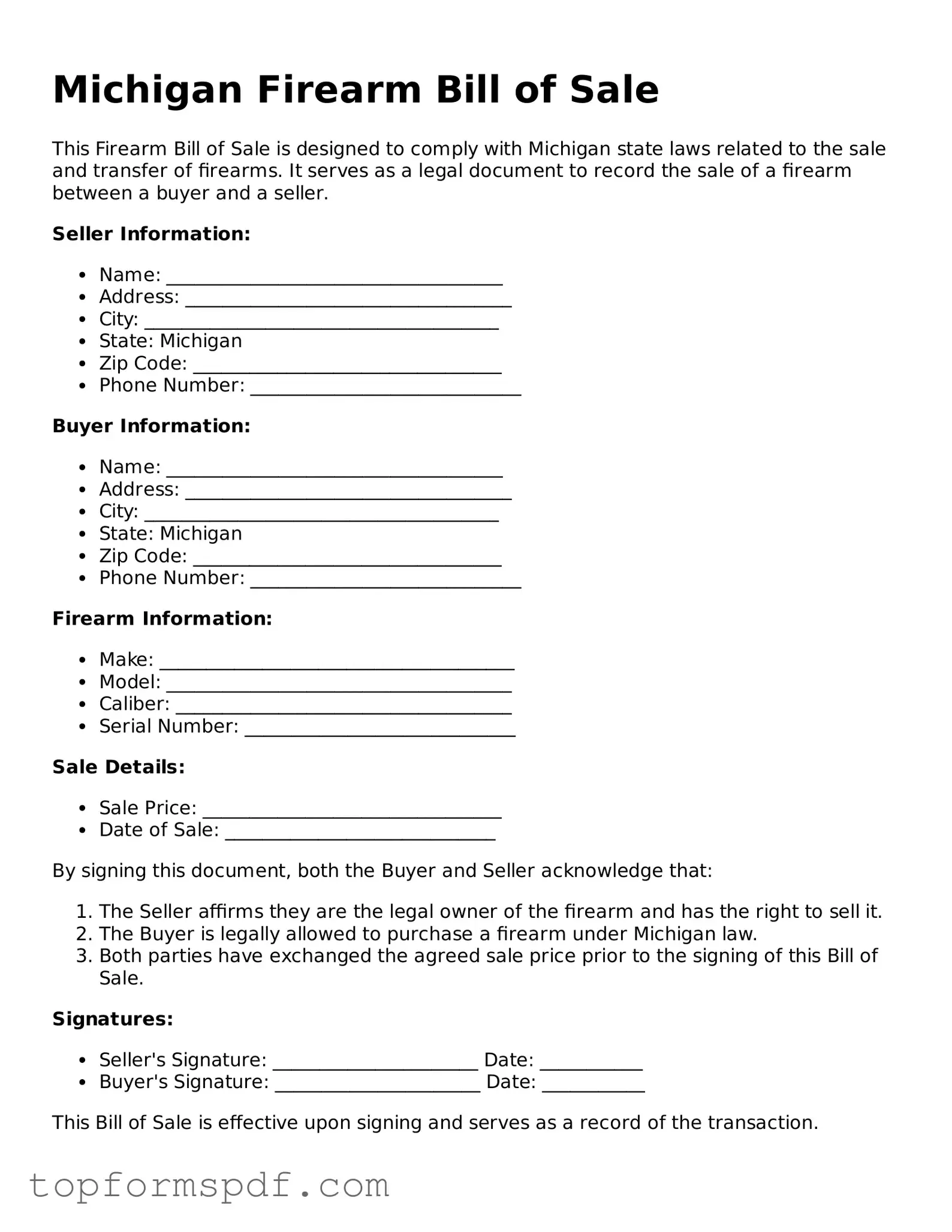 Blank Michigan Firearm Bill of Sale Template