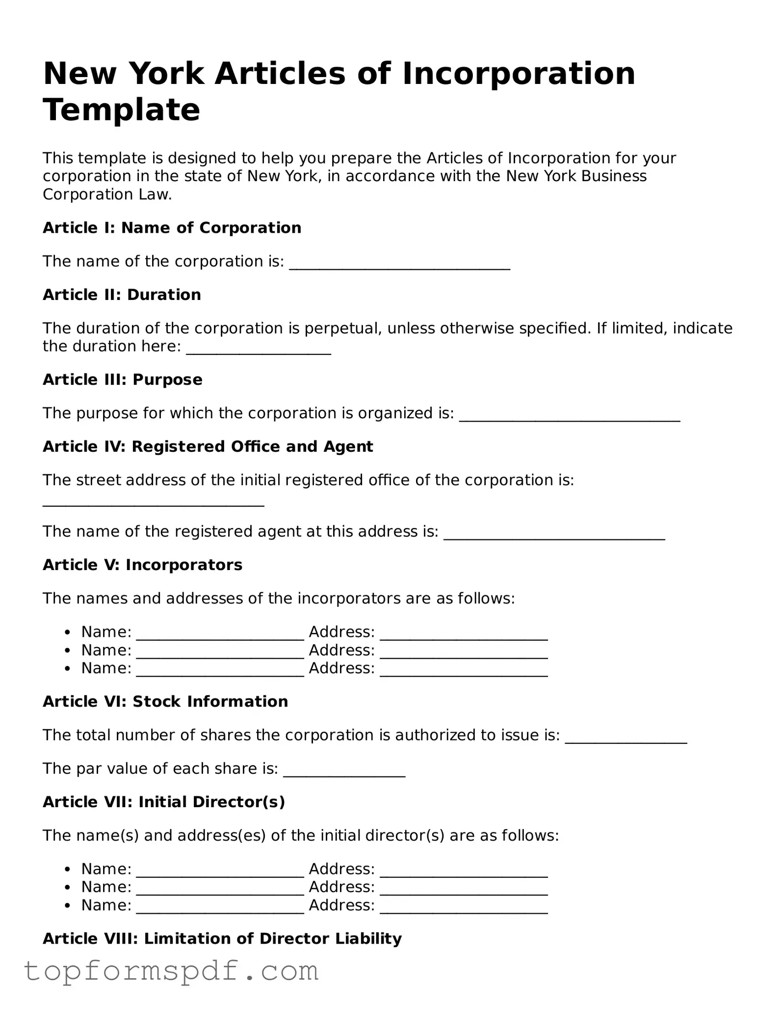 Blank New York Articles of Incorporation Template