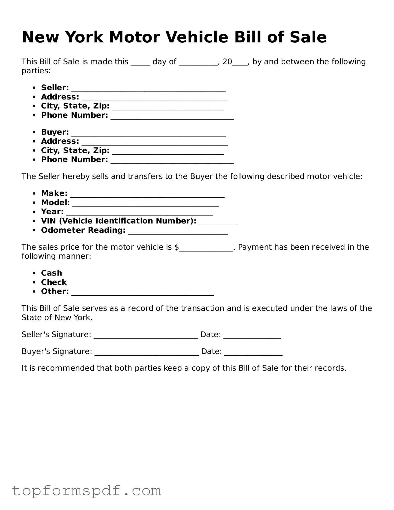 Blank New York Motor Vehicle Bill of Sale Template