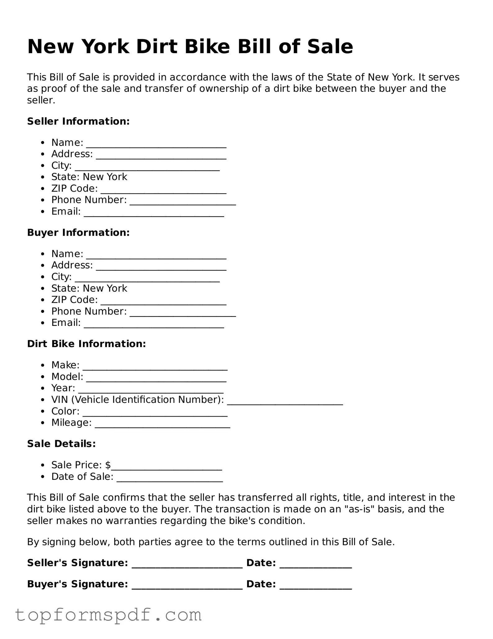 Blank New York Dirt Bike Bill of Sale Template