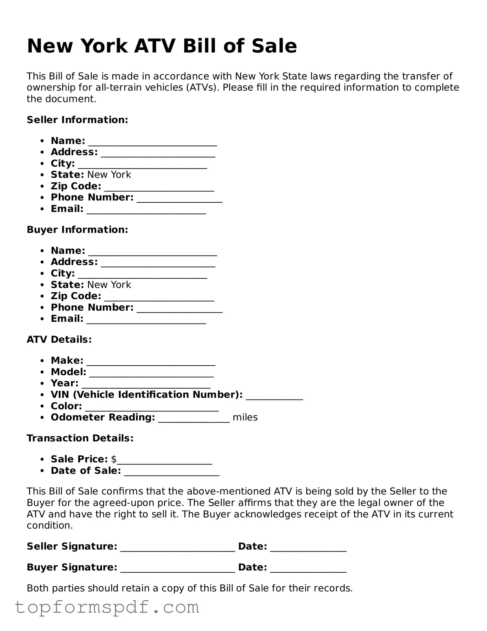 Blank New York ATV Bill of Sale Template