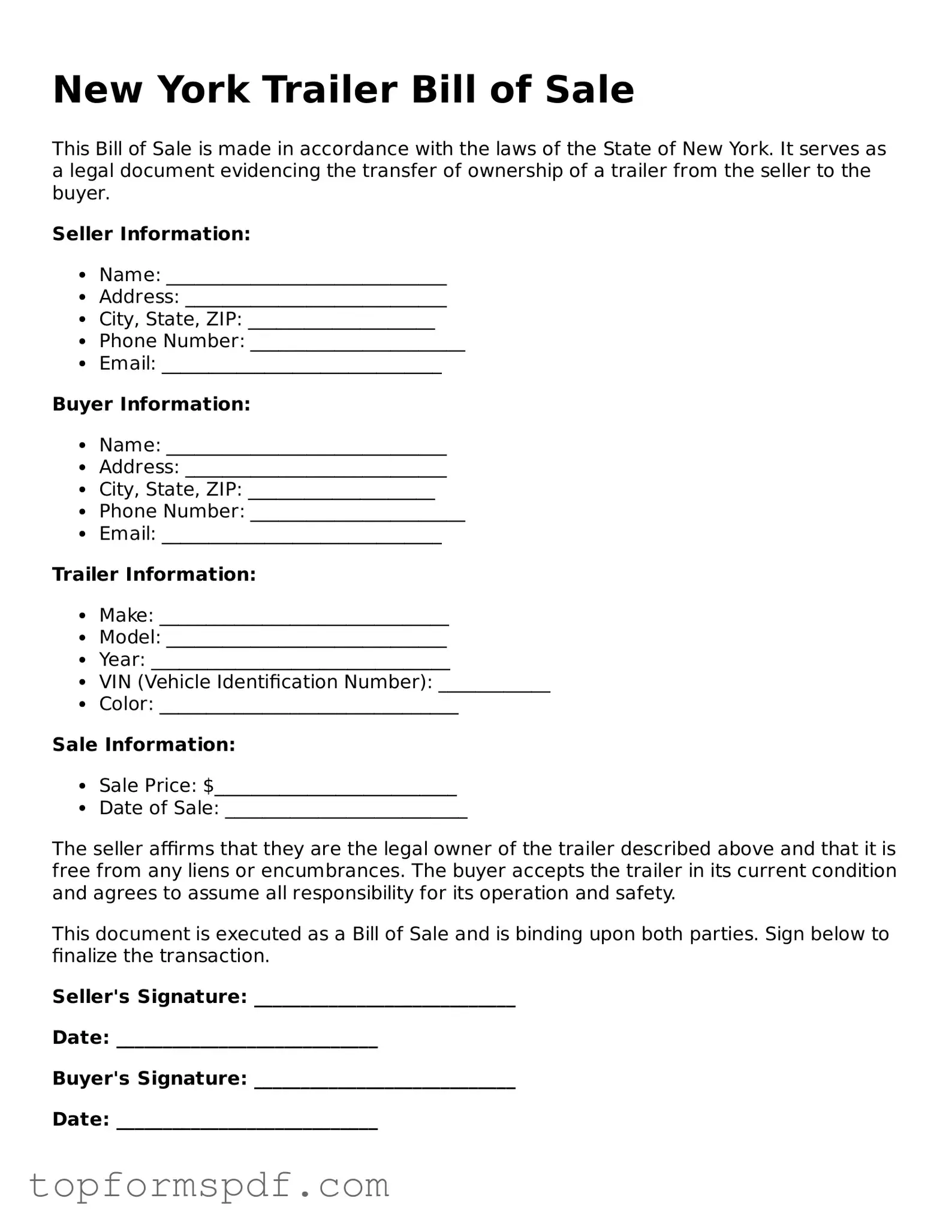 Blank New York Trailer Bill of Sale Template