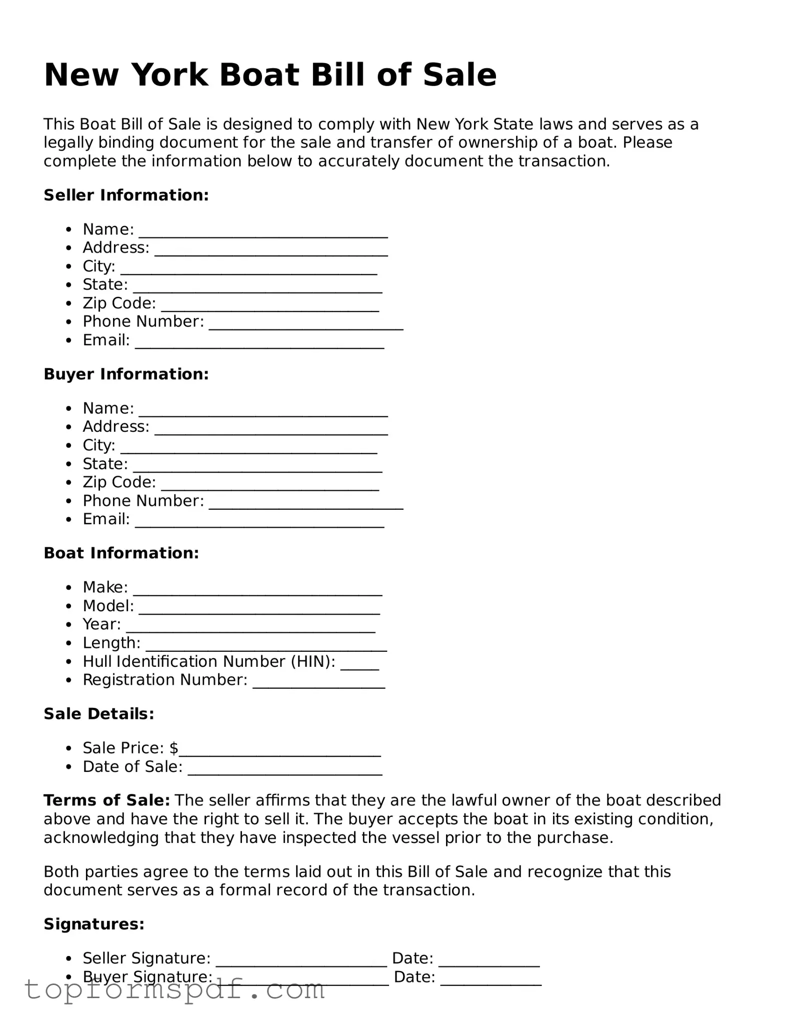 Blank New York Boat Bill of Sale Template
