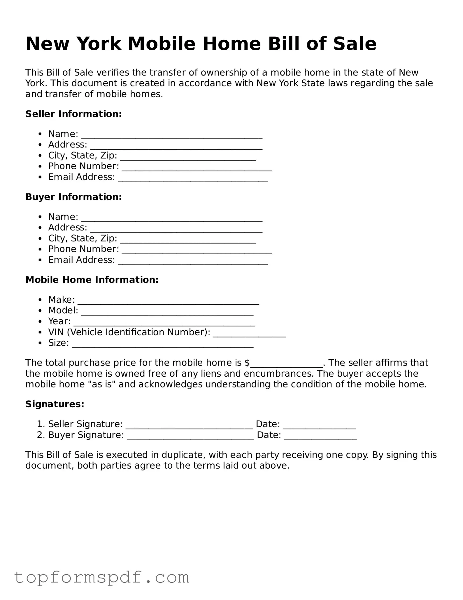 Blank New York Mobile Home Bill of Sale Template